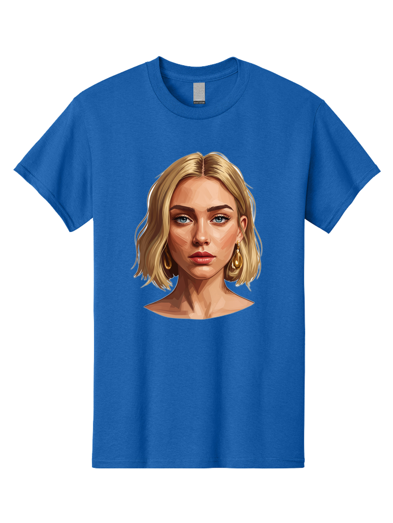 Blonde-Woman-Portrait-2 Men'S Graphic Tee, 100% Cotton, Comfortable Casual Summer Wear, Machine Washable, Blonde Woman, Blue Eyes, Gold Earrings, Digital Illustration, Portrait, Beauty, Fashion, Modern Style, Chic Look Bac639