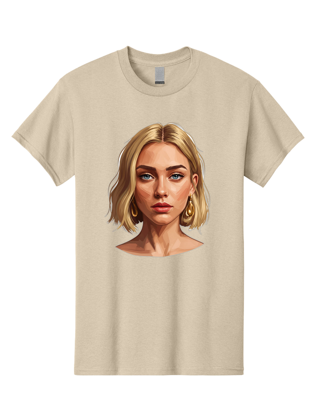 Blonde-Woman-Portrait-2 Men'S Graphic Tee, 100% Cotton, Comfortable Casual Summer Wear, Machine Washable, Blonde Woman, Blue Eyes, Gold Earrings, Digital Illustration, Portrait, Beauty, Fashion, Modern Style, Chic Look Bac639