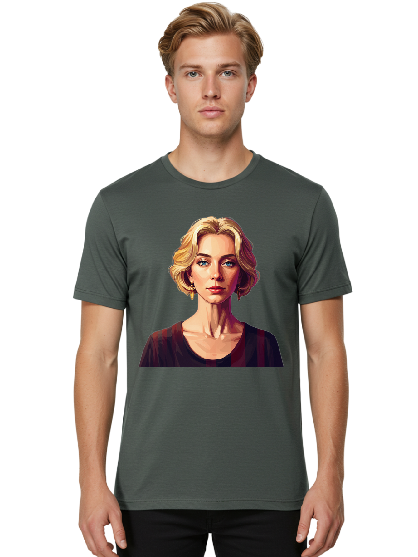 Blonde-Woman-Portrait Men'S Graphic Tee, 100% Cotton, Comfortable Casual Summer Wear, Machine Washable, Woman With Blonde Hair, Blue Eyes, Red Lips, Gold Earrings, Dark Red Top, Neck Wrinkles, Digital Art, Portrait, Fashion Illustration, Bac640