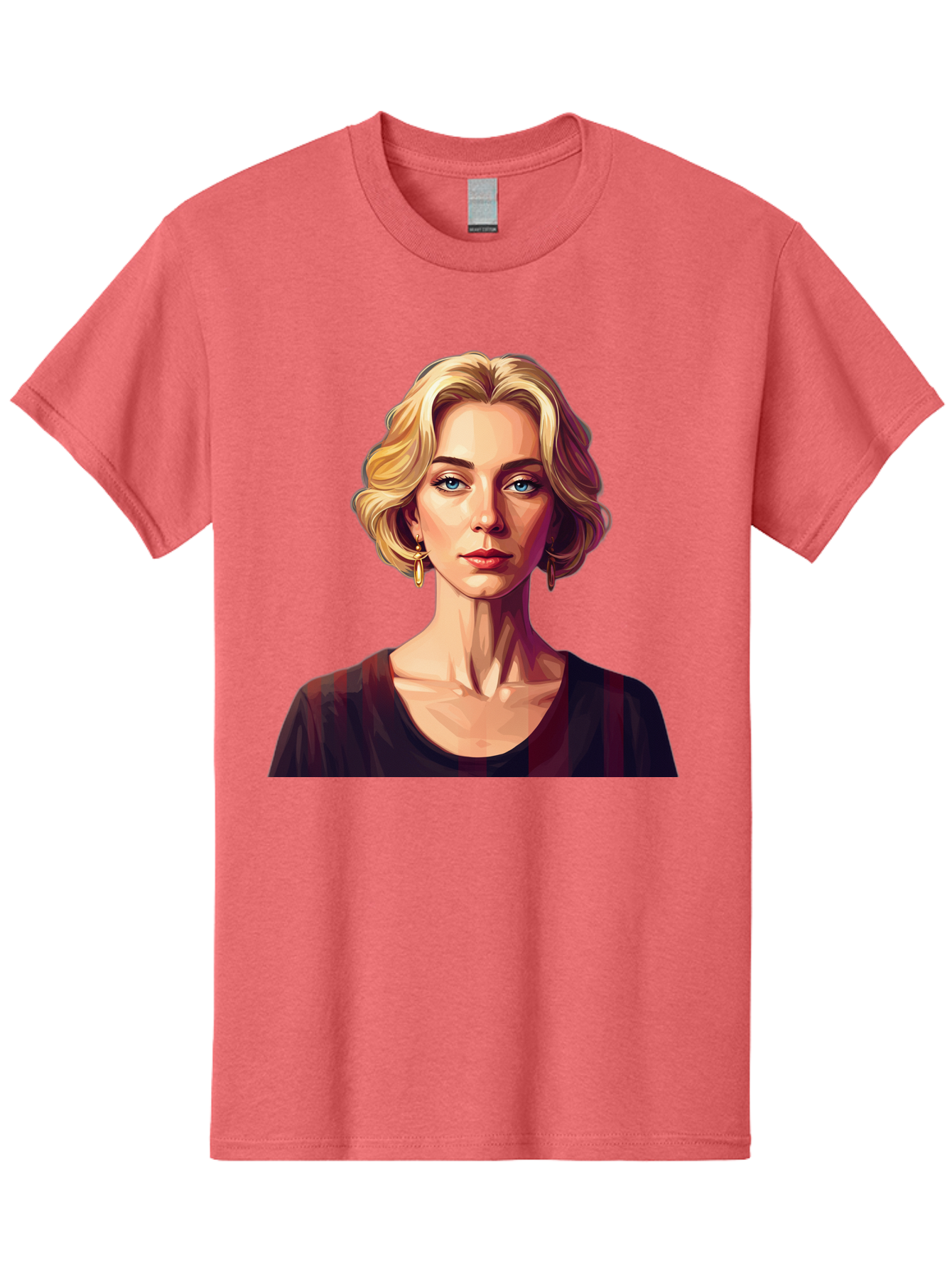 Blonde-Woman-Portrait Men'S Graphic Tee, 100% Cotton, Comfortable Casual Summer Wear, Machine Washable, Woman With Blonde Hair, Blue Eyes, Red Lips, Gold Earrings, Dark Red Top, Neck Wrinkles, Digital Art, Portrait, Fashion Illustration, Bac640