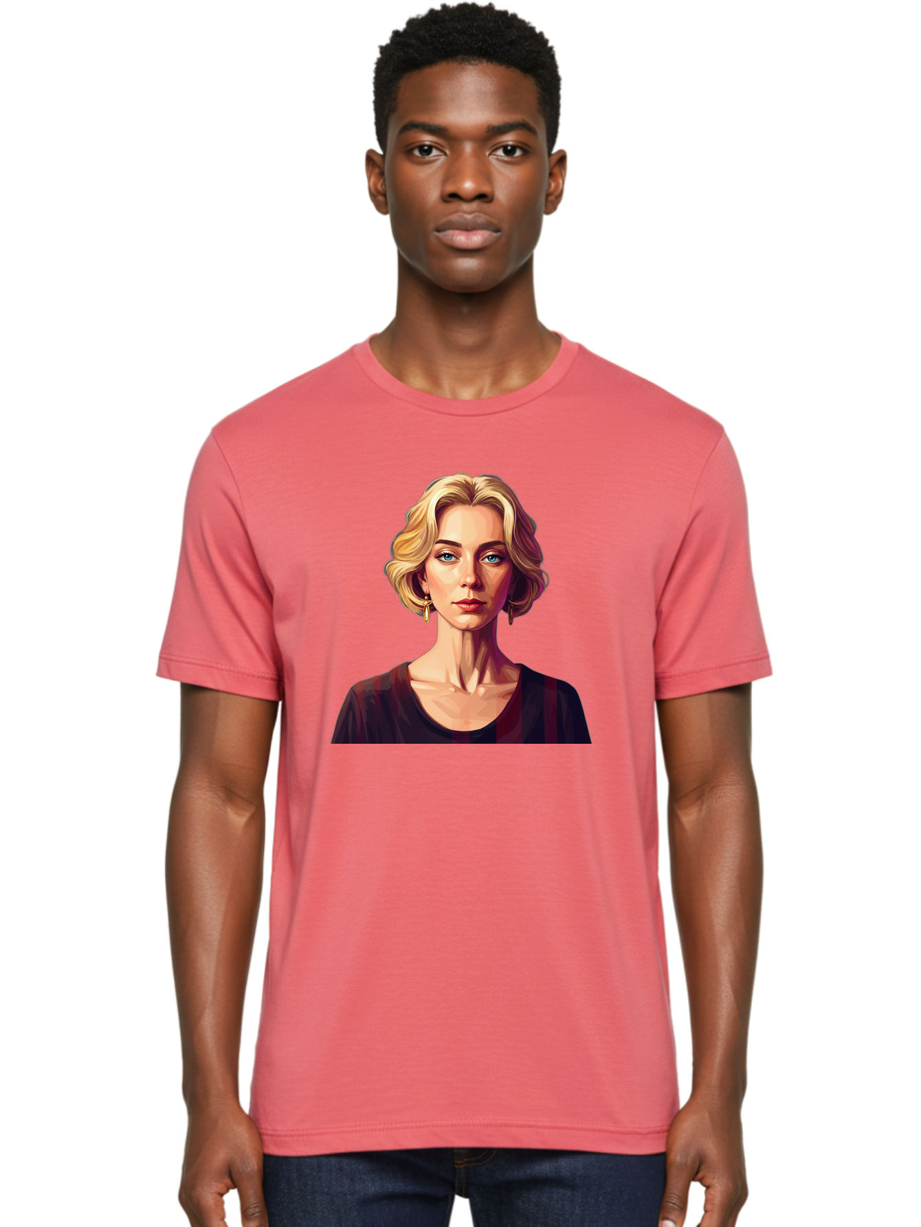 Blonde-Woman-Portrait Men'S Graphic Tee, 100% Cotton, Comfortable Casual Summer Wear, Machine Washable, Woman With Blonde Hair, Blue Eyes, Red Lips, Gold Earrings, Dark Red Top, Neck Wrinkles, Digital Art, Portrait, Fashion Illustration, Bac640