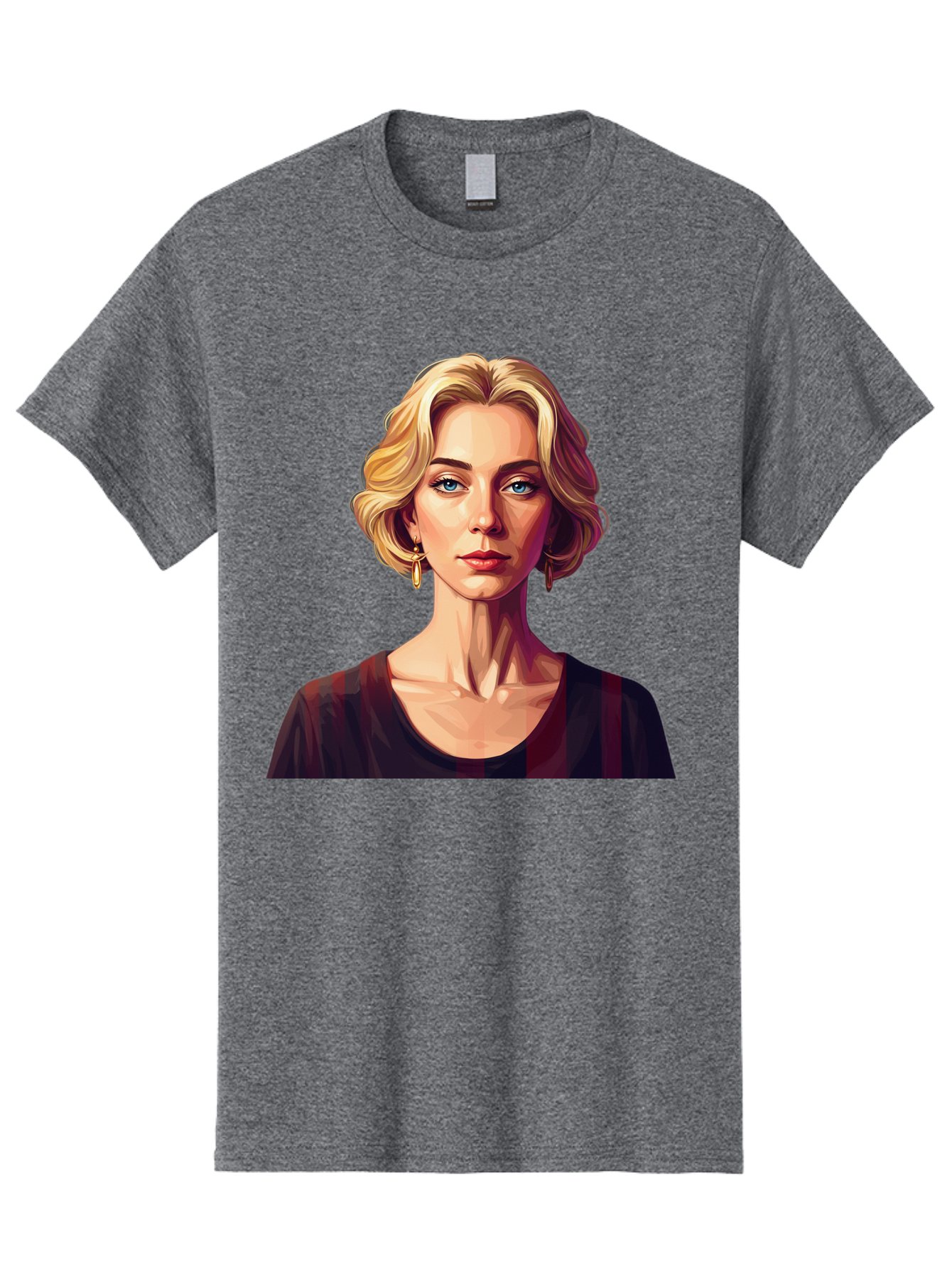 Blonde-Woman-Portrait Men'S Graphic Tee, 100% Cotton, Comfortable Casual Summer Wear, Machine Washable, Woman With Blonde Hair, Blue Eyes, Red Lips, Gold Earrings, Dark Red Top, Neck Wrinkles, Digital Art, Portrait, Fashion Illustration, Bac640