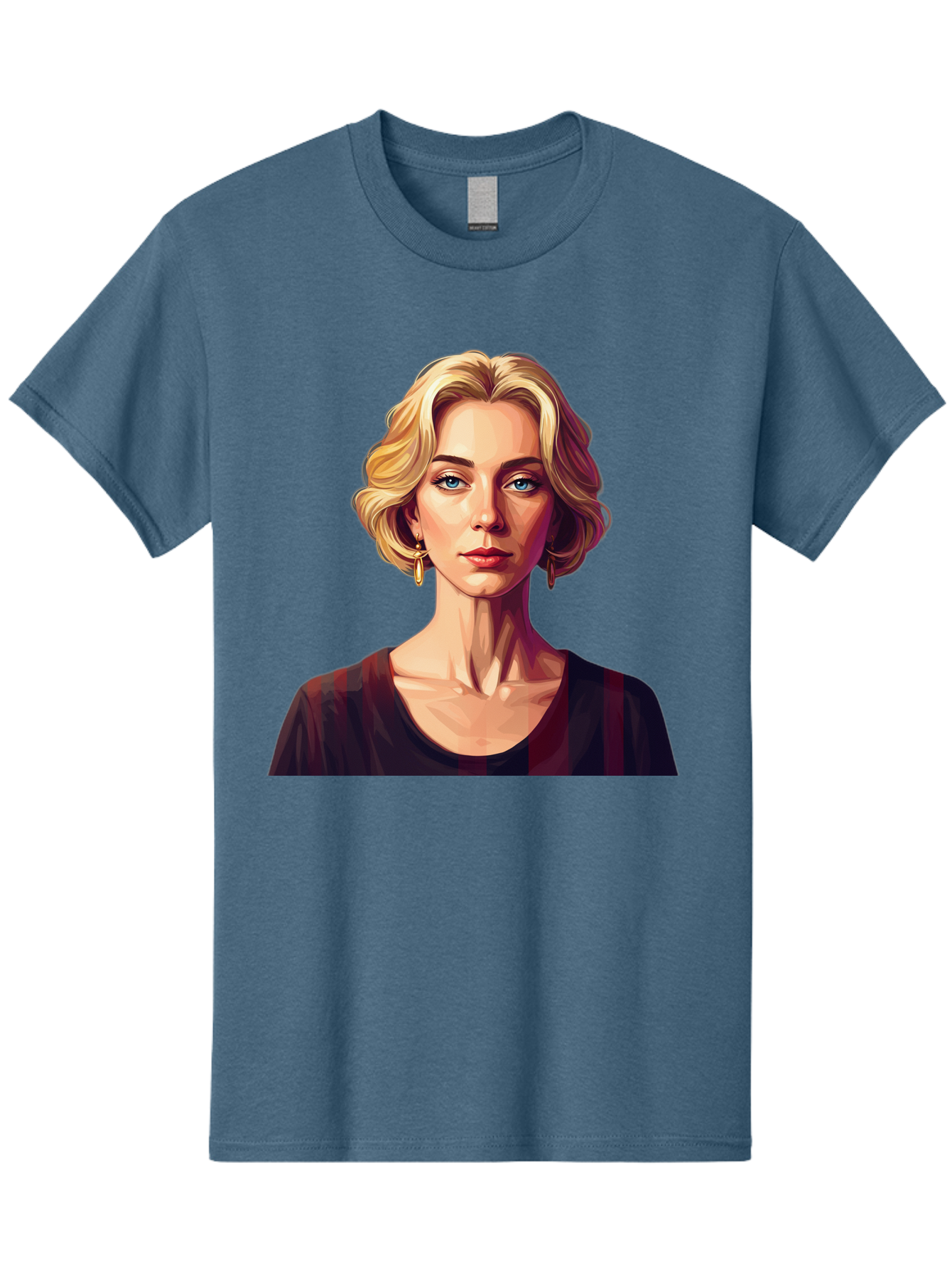 Blonde-Woman-Portrait Men'S Graphic Tee, 100% Cotton, Comfortable Casual Summer Wear, Machine Washable, Woman With Blonde Hair, Blue Eyes, Red Lips, Gold Earrings, Dark Red Top, Neck Wrinkles, Digital Art, Portrait, Fashion Illustration, Bac640