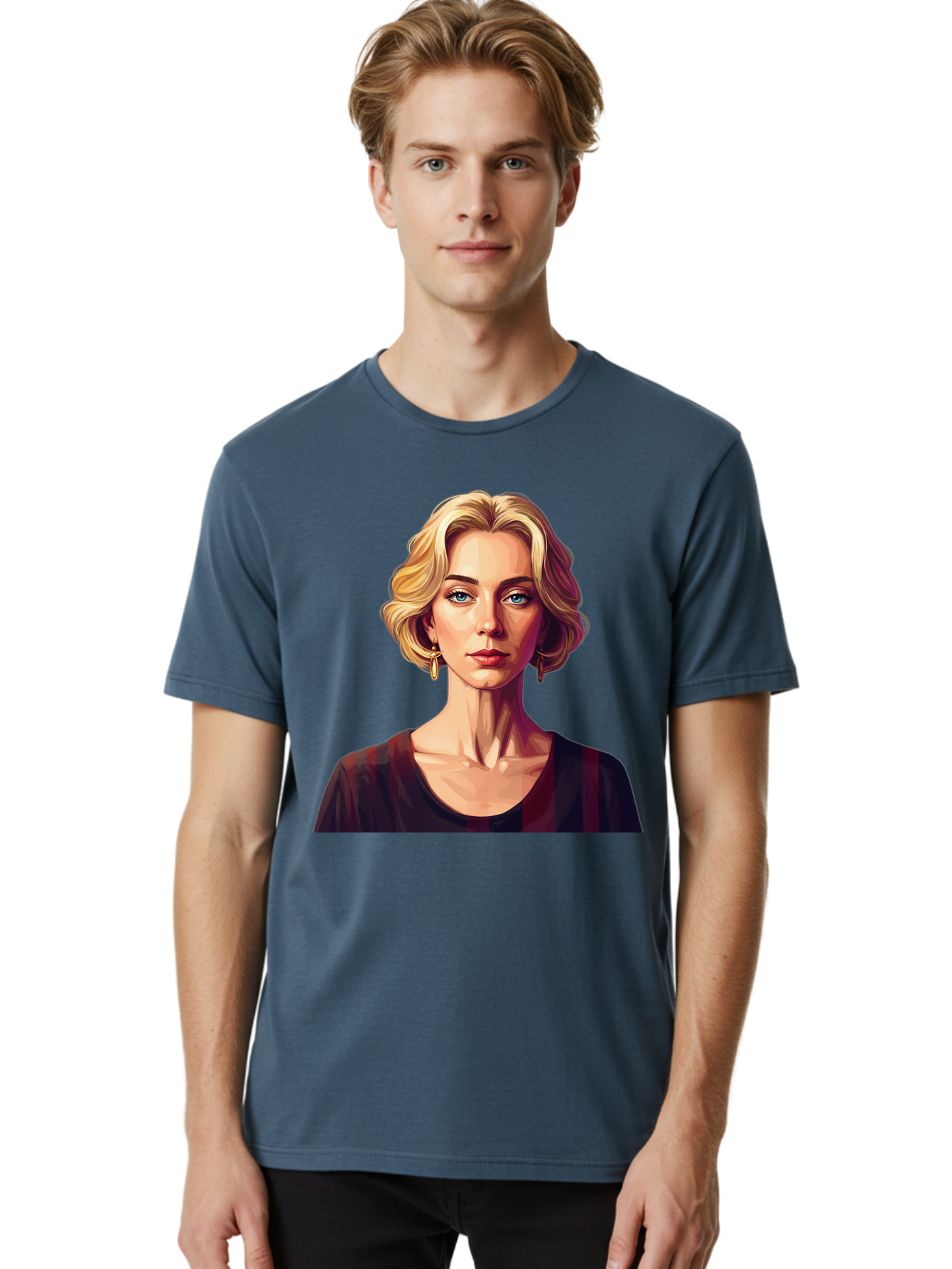 Blonde-Woman-Portrait Men'S Graphic Tee, 100% Cotton, Comfortable Casual Summer Wear, Machine Washable, Woman With Blonde Hair, Blue Eyes, Red Lips, Gold Earrings, Dark Red Top, Neck Wrinkles, Digital Art, Portrait, Fashion Illustration, Bac640