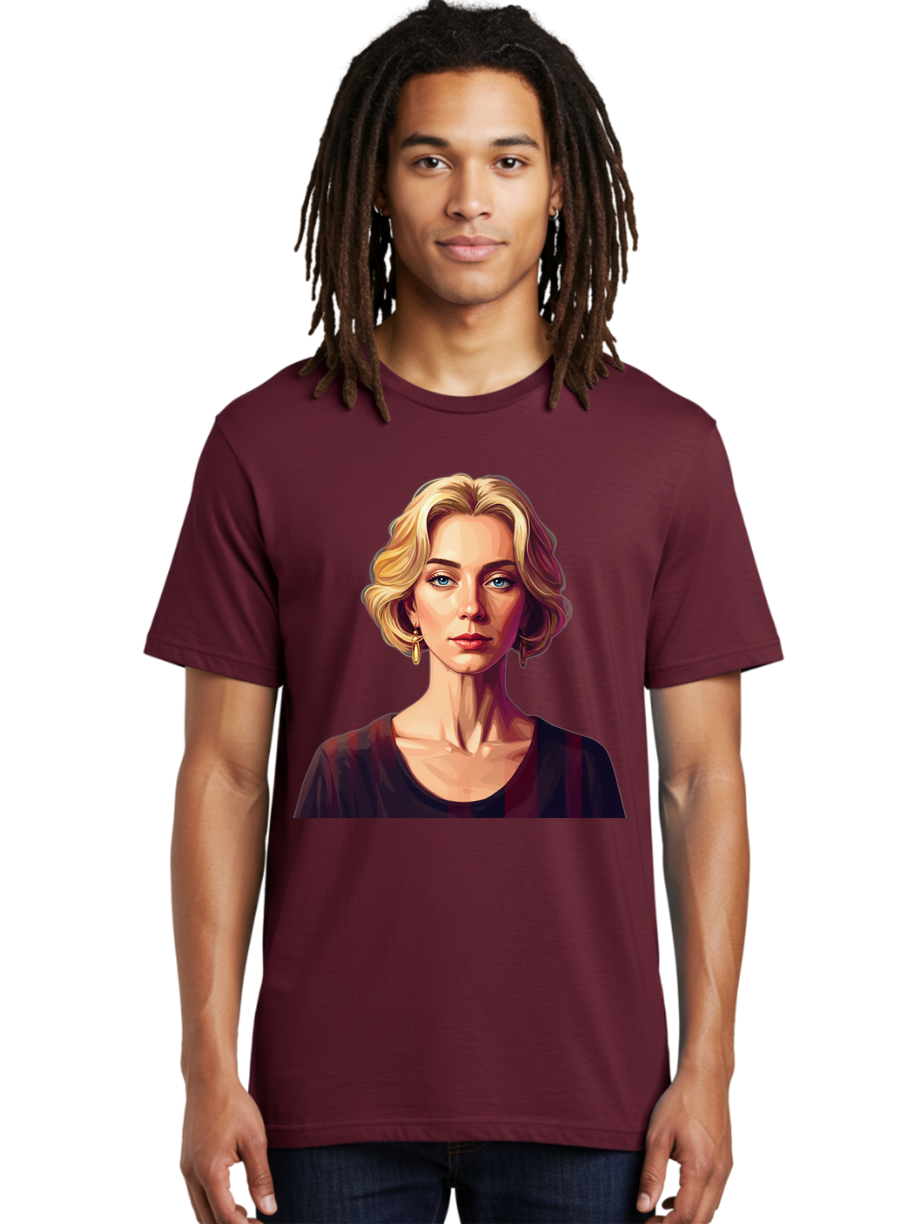 Blonde-Woman-Portrait Men'S Graphic Tee, 100% Cotton, Comfortable Casual Summer Wear, Machine Washable, Woman With Blonde Hair, Blue Eyes, Red Lips, Gold Earrings, Dark Red Top, Neck Wrinkles, Digital Art, Portrait, Fashion Illustration, Bac640