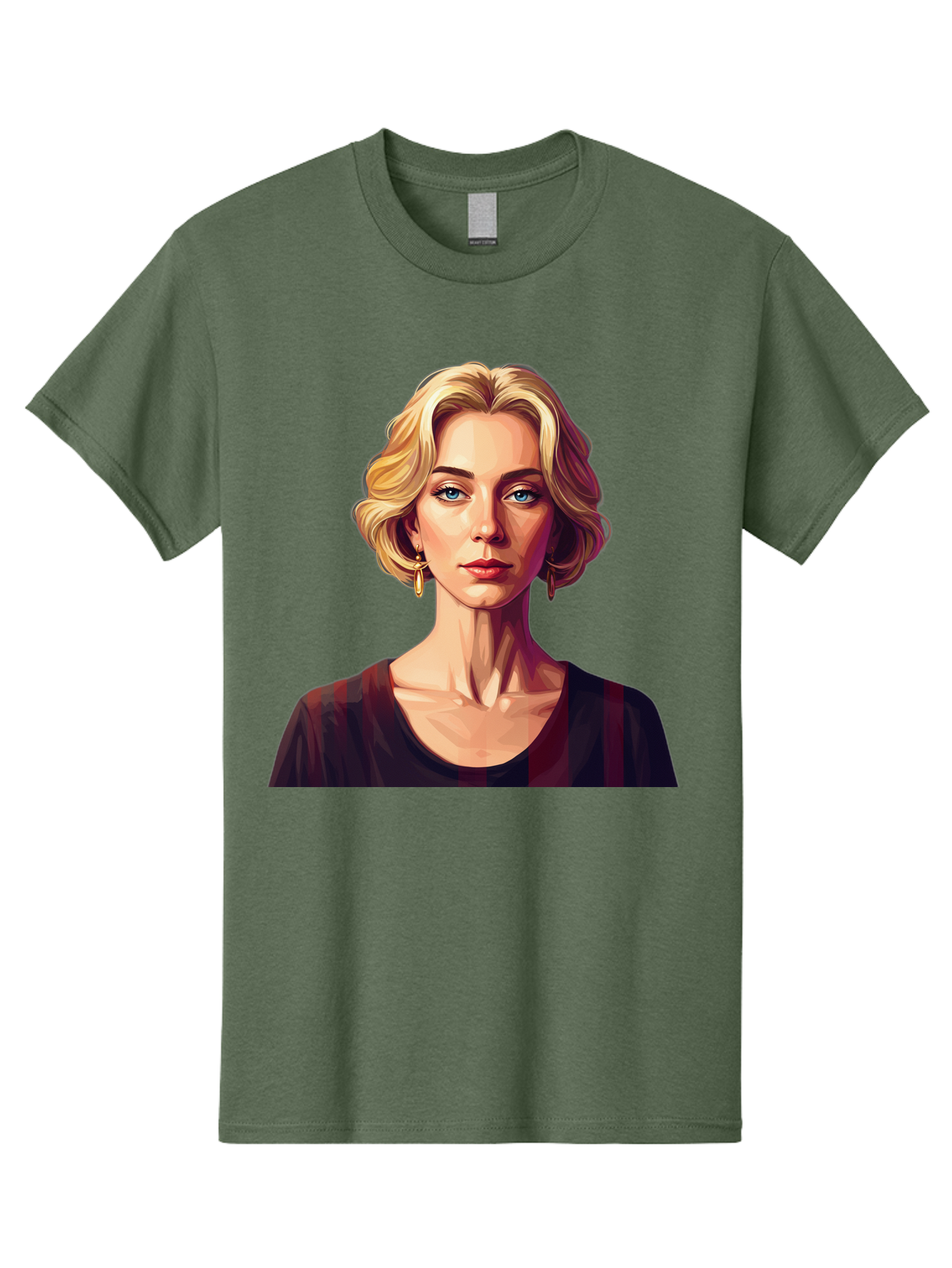 Blonde-Woman-Portrait Men'S Graphic Tee, 100% Cotton, Comfortable Casual Summer Wear, Machine Washable, Woman With Blonde Hair, Blue Eyes, Red Lips, Gold Earrings, Dark Red Top, Neck Wrinkles, Digital Art, Portrait, Fashion Illustration, Bac640
