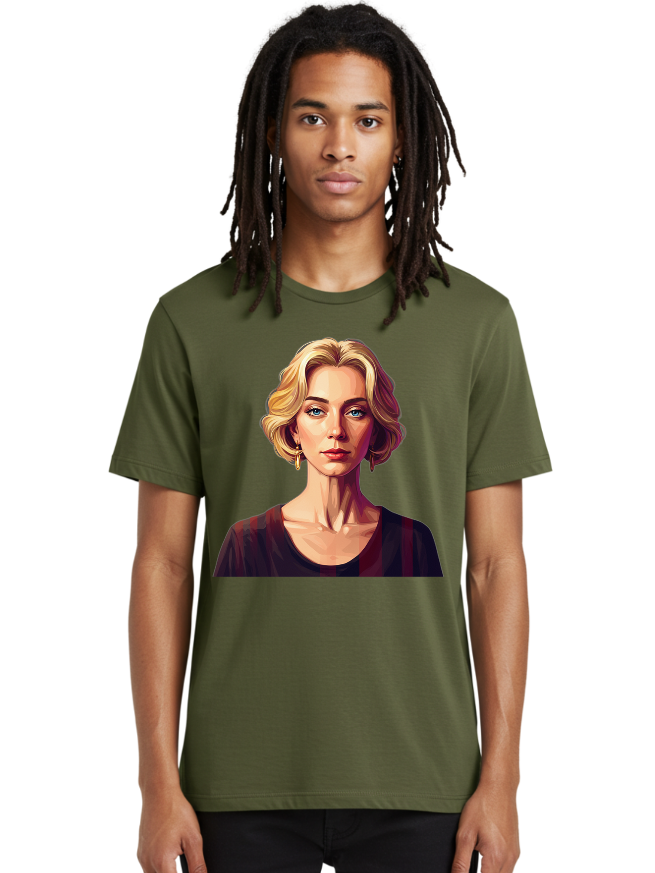 Blonde-Woman-Portrait Men'S Graphic Tee, 100% Cotton, Comfortable Casual Summer Wear, Machine Washable, Woman With Blonde Hair, Blue Eyes, Red Lips, Gold Earrings, Dark Red Top, Neck Wrinkles, Digital Art, Portrait, Fashion Illustration, Bac640