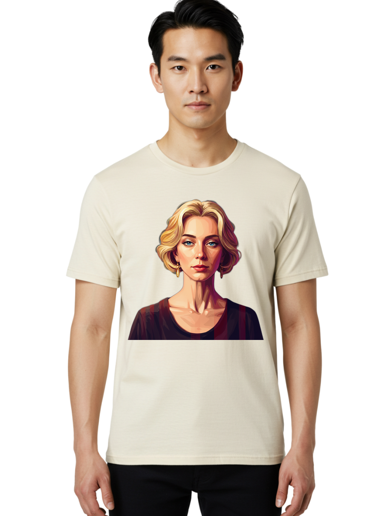 Blonde-Woman-Portrait Men'S Graphic Tee, 100% Cotton, Comfortable Casual Summer Wear, Machine Washable, Woman With Blonde Hair, Blue Eyes, Red Lips, Gold Earrings, Dark Red Top, Neck Wrinkles, Digital Art, Portrait, Fashion Illustration, Bac640
