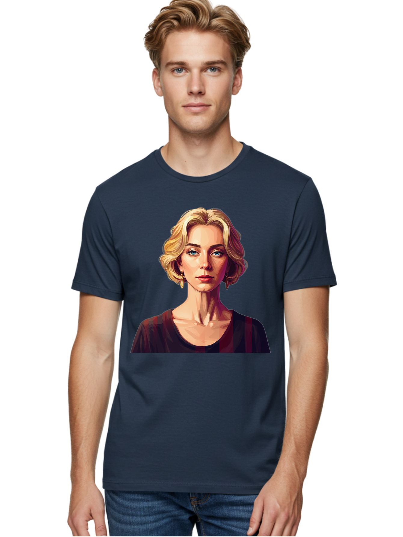 Blonde-Woman-Portrait Men'S Graphic Tee, 100% Cotton, Comfortable Casual Summer Wear, Machine Washable, Woman With Blonde Hair, Blue Eyes, Red Lips, Gold Earrings, Dark Red Top, Neck Wrinkles, Digital Art, Portrait, Fashion Illustration, Bac640