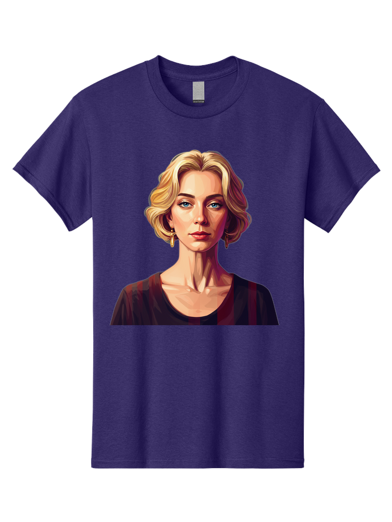 Blonde-Woman-Portrait Men'S Graphic Tee, 100% Cotton, Comfortable Casual Summer Wear, Machine Washable, Woman With Blonde Hair, Blue Eyes, Red Lips, Gold Earrings, Dark Red Top, Neck Wrinkles, Digital Art, Portrait, Fashion Illustration, Bac640