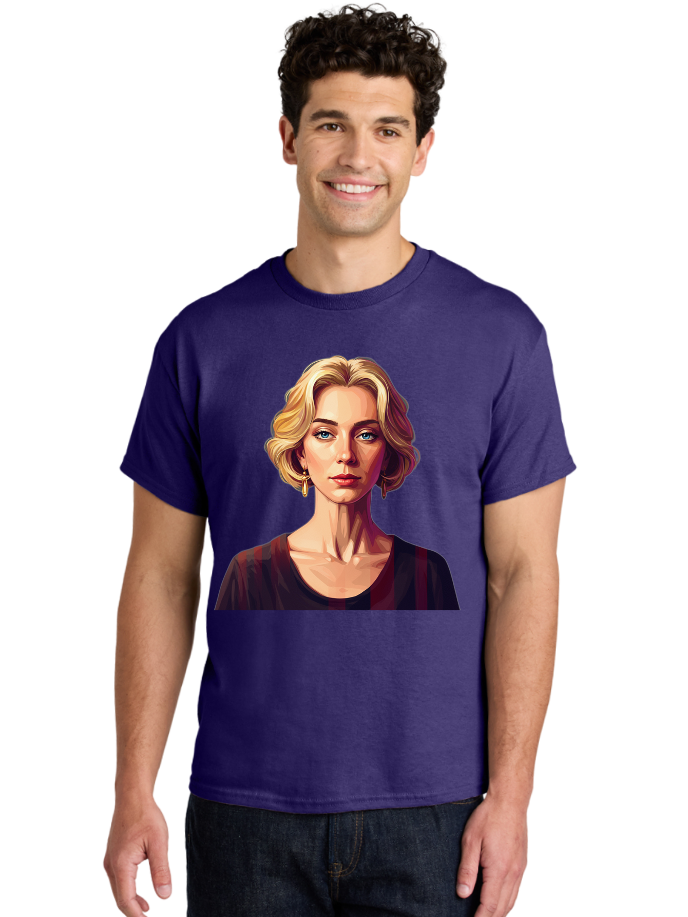 Blonde-Woman-Portrait Men'S Graphic Tee, 100% Cotton, Comfortable Casual Summer Wear, Machine Washable, Woman With Blonde Hair, Blue Eyes, Red Lips, Gold Earrings, Dark Red Top, Neck Wrinkles, Digital Art, Portrait, Fashion Illustration, Bac640