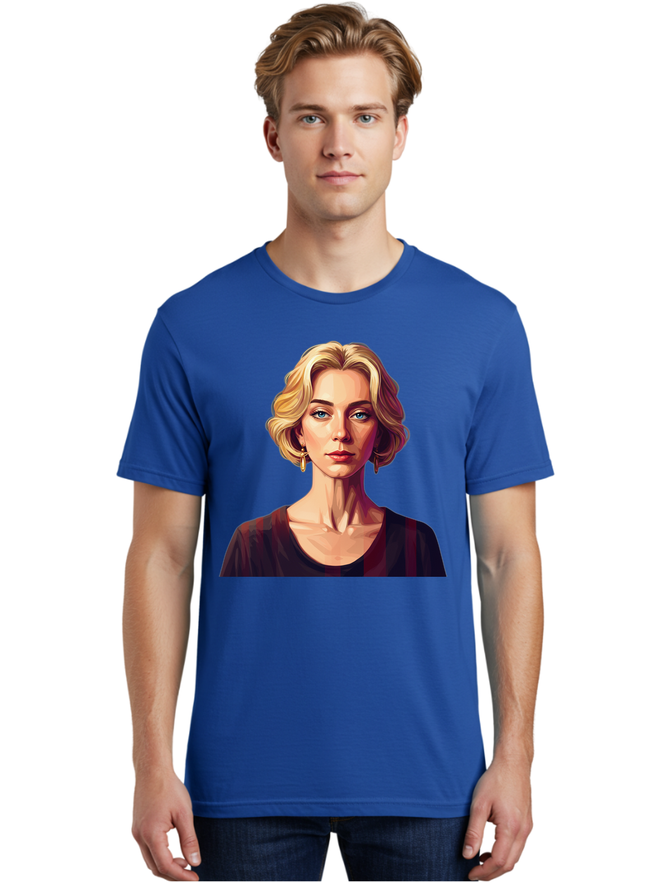 Blonde-Woman-Portrait Men'S Graphic Tee, 100% Cotton, Comfortable Casual Summer Wear, Machine Washable, Woman With Blonde Hair, Blue Eyes, Red Lips, Gold Earrings, Dark Red Top, Neck Wrinkles, Digital Art, Portrait, Fashion Illustration, Bac640
