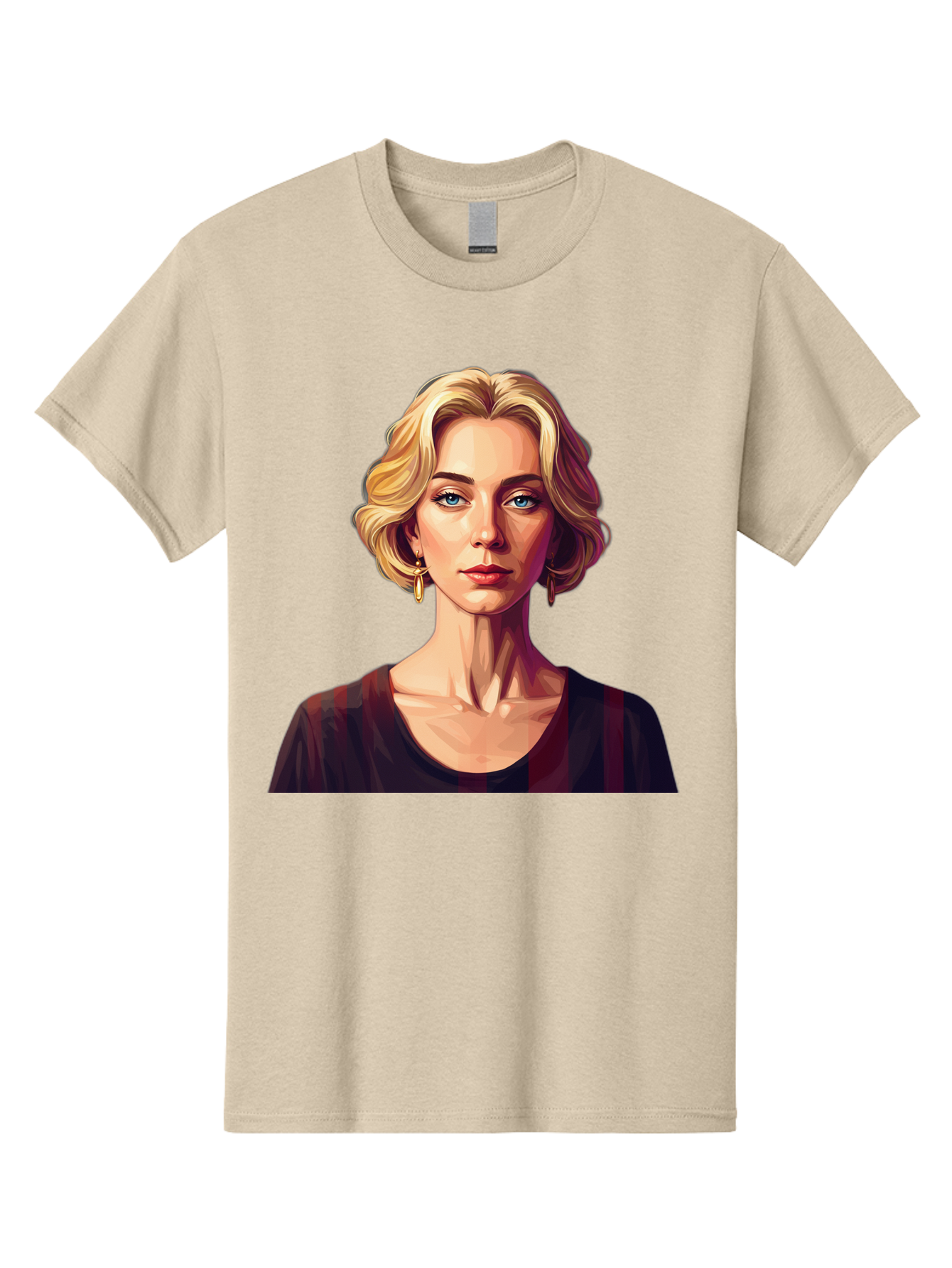 Blonde-Woman-Portrait Men'S Graphic Tee, 100% Cotton, Comfortable Casual Summer Wear, Machine Washable, Woman With Blonde Hair, Blue Eyes, Red Lips, Gold Earrings, Dark Red Top, Neck Wrinkles, Digital Art, Portrait, Fashion Illustration, Bac640