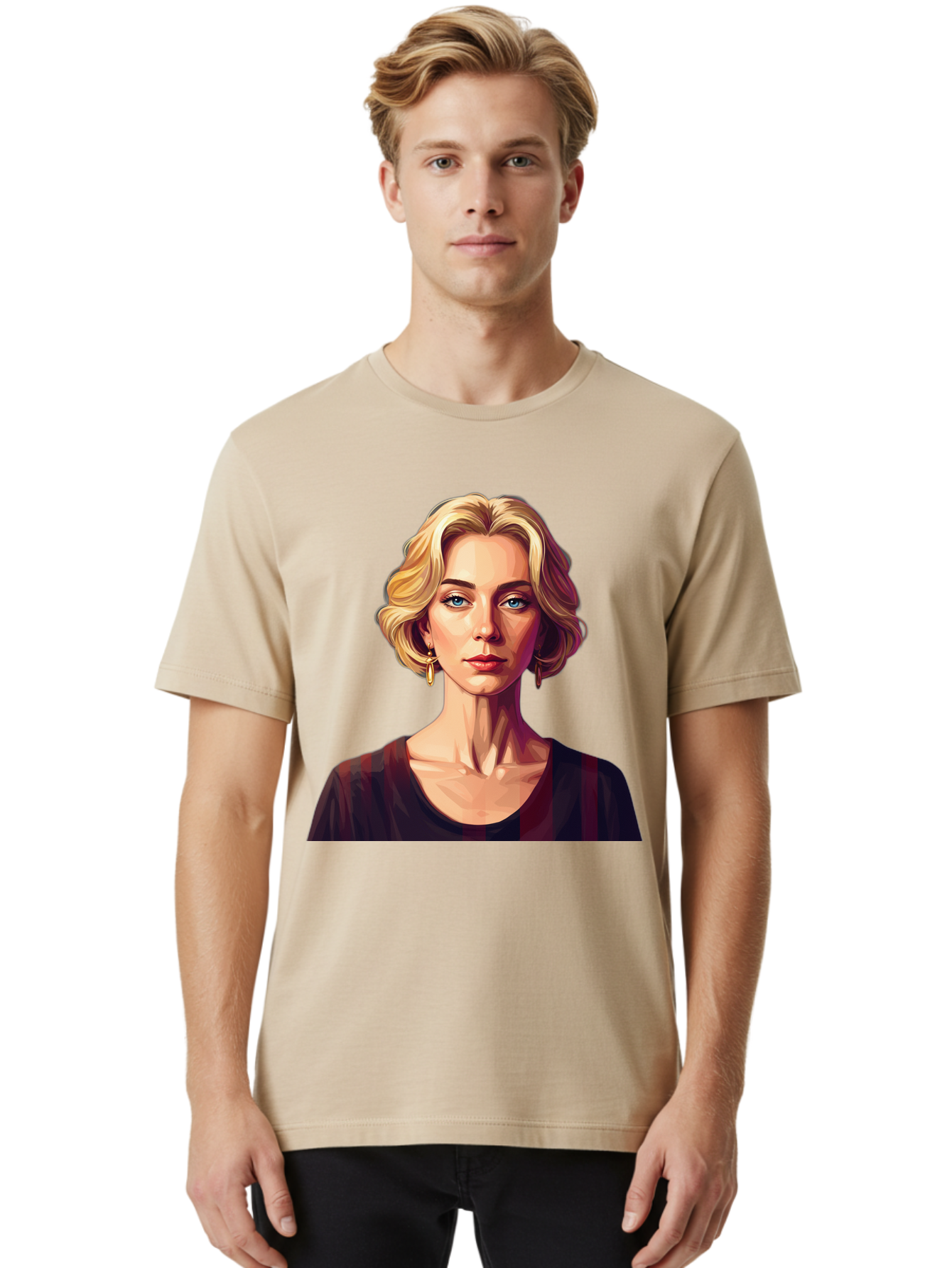 Blonde-Woman-Portrait Men'S Graphic Tee, 100% Cotton, Comfortable Casual Summer Wear, Machine Washable, Woman With Blonde Hair, Blue Eyes, Red Lips, Gold Earrings, Dark Red Top, Neck Wrinkles, Digital Art, Portrait, Fashion Illustration, Bac640