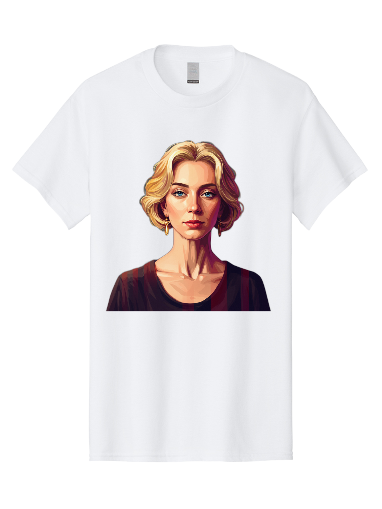 Blonde-Woman-Portrait Men'S Graphic Tee, 100% Cotton, Comfortable Casual Summer Wear, Machine Washable, Woman With Blonde Hair, Blue Eyes, Red Lips, Gold Earrings, Dark Red Top, Neck Wrinkles, Digital Art, Portrait, Fashion Illustration, Bac640