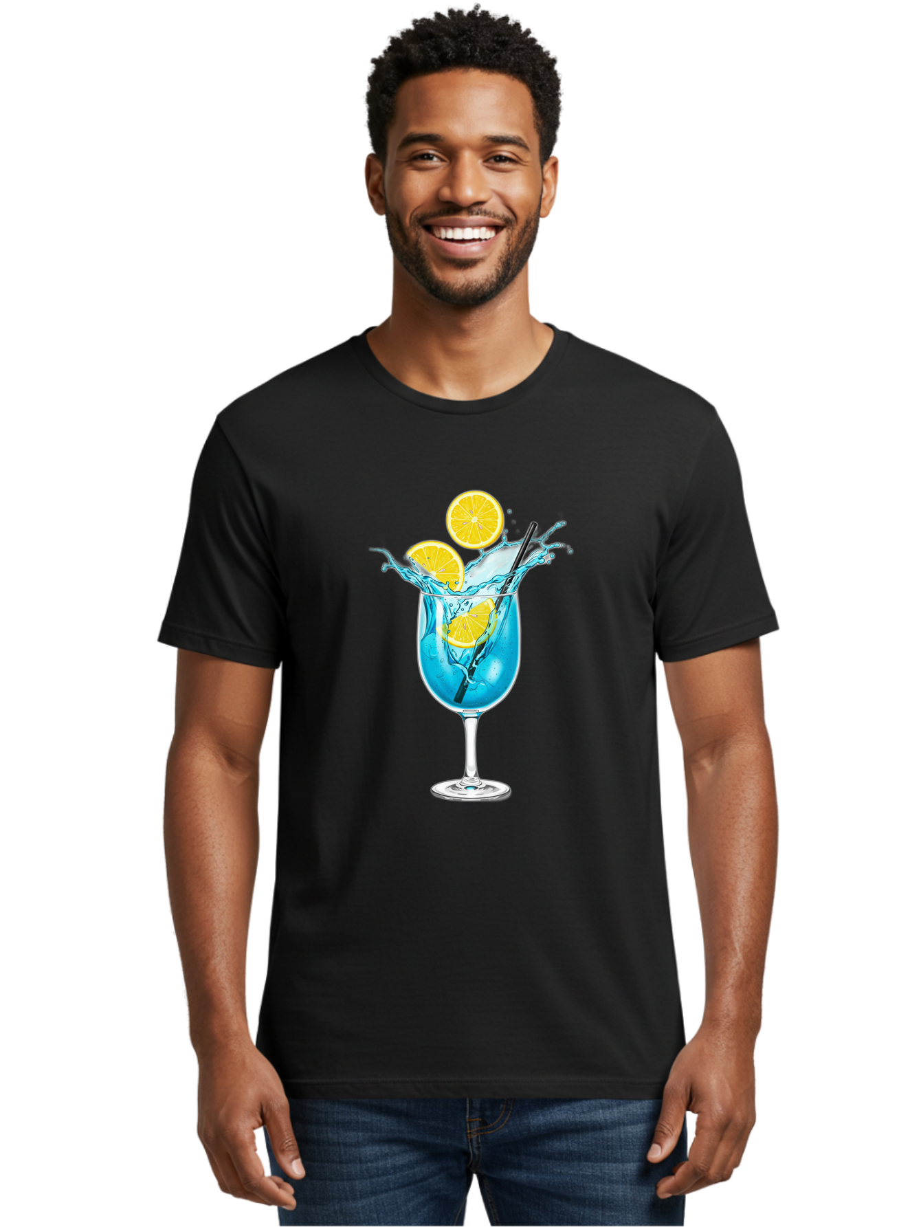 Blue-Cocktail Men'S Graphic Tee, 100% Cotton, Comfortable Casual Summer Wear, Machine Washable, Refreshing Cocktail, Blue Drink, Citrus Slices, Black Straw, Splashing Water, Summer Vibes, Cocktail Hour, Citrusy Flavors Bac641