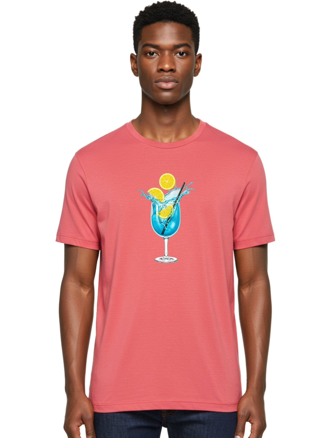 Blue-Cocktail Men'S Graphic Tee, 100% Cotton, Comfortable Casual Summer Wear, Machine Washable, Refreshing Cocktail, Blue Drink, Citrus Slices, Black Straw, Splashing Water, Summer Vibes, Cocktail Hour, Citrusy Flavors Bac641