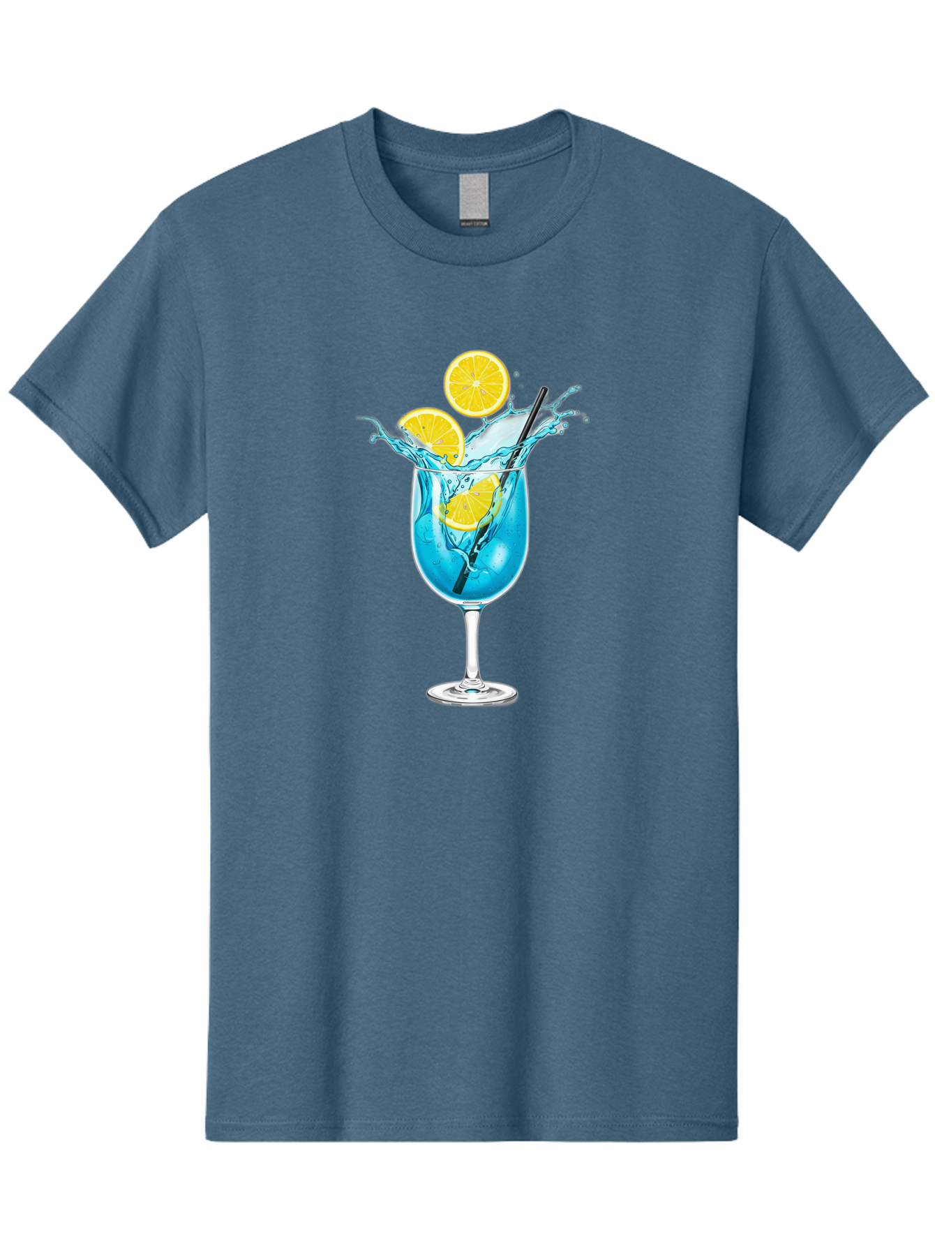 Blue-Cocktail Men'S Graphic Tee, 100% Cotton, Comfortable Casual Summer Wear, Machine Washable, Refreshing Cocktail, Blue Drink, Citrus Slices, Black Straw, Splashing Water, Summer Vibes, Cocktail Hour, Citrusy Flavors Bac641
