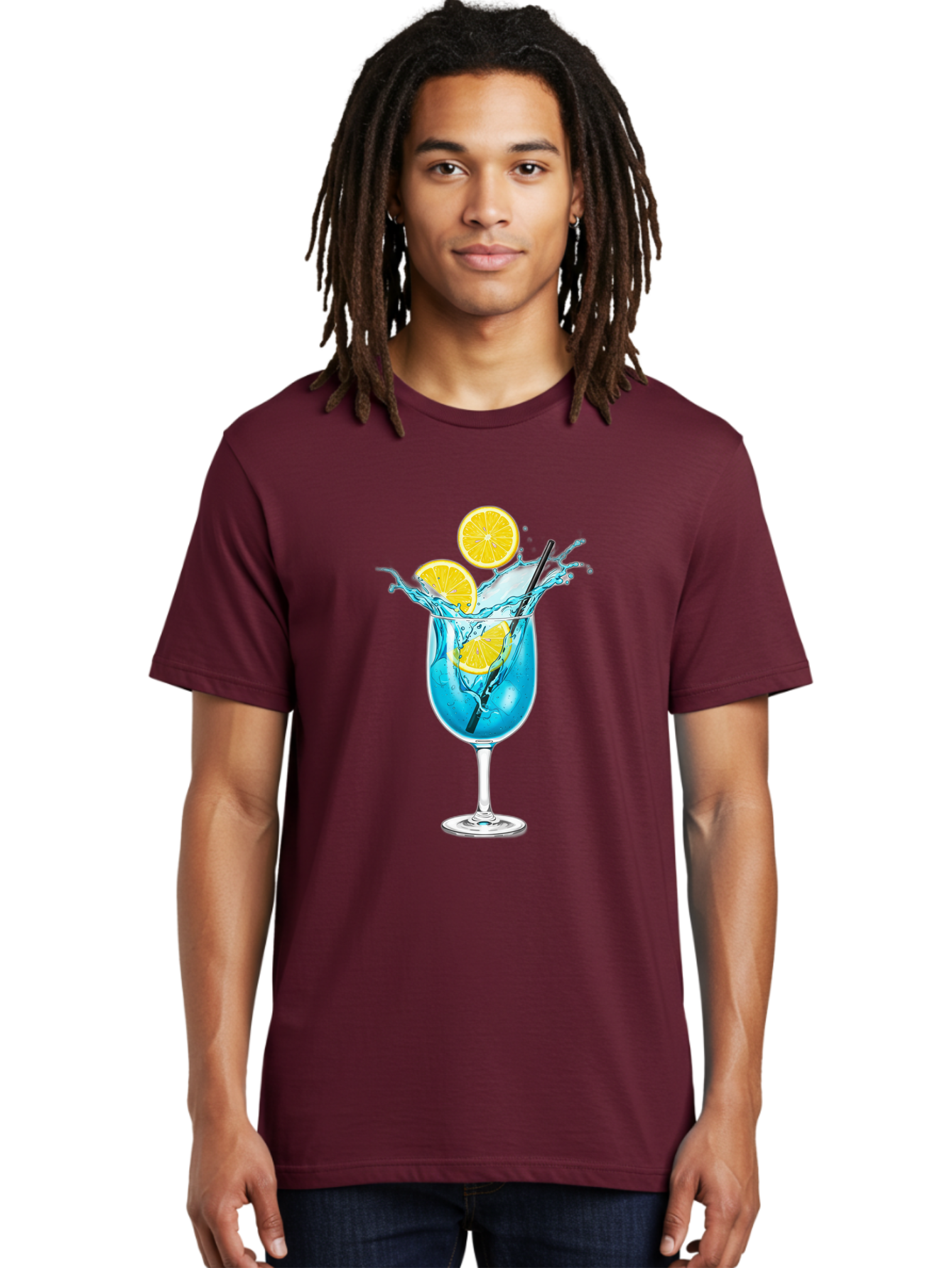 Blue-Cocktail Men'S Graphic Tee, 100% Cotton, Comfortable Casual Summer Wear, Machine Washable, Refreshing Cocktail, Blue Drink, Citrus Slices, Black Straw, Splashing Water, Summer Vibes, Cocktail Hour, Citrusy Flavors Bac641