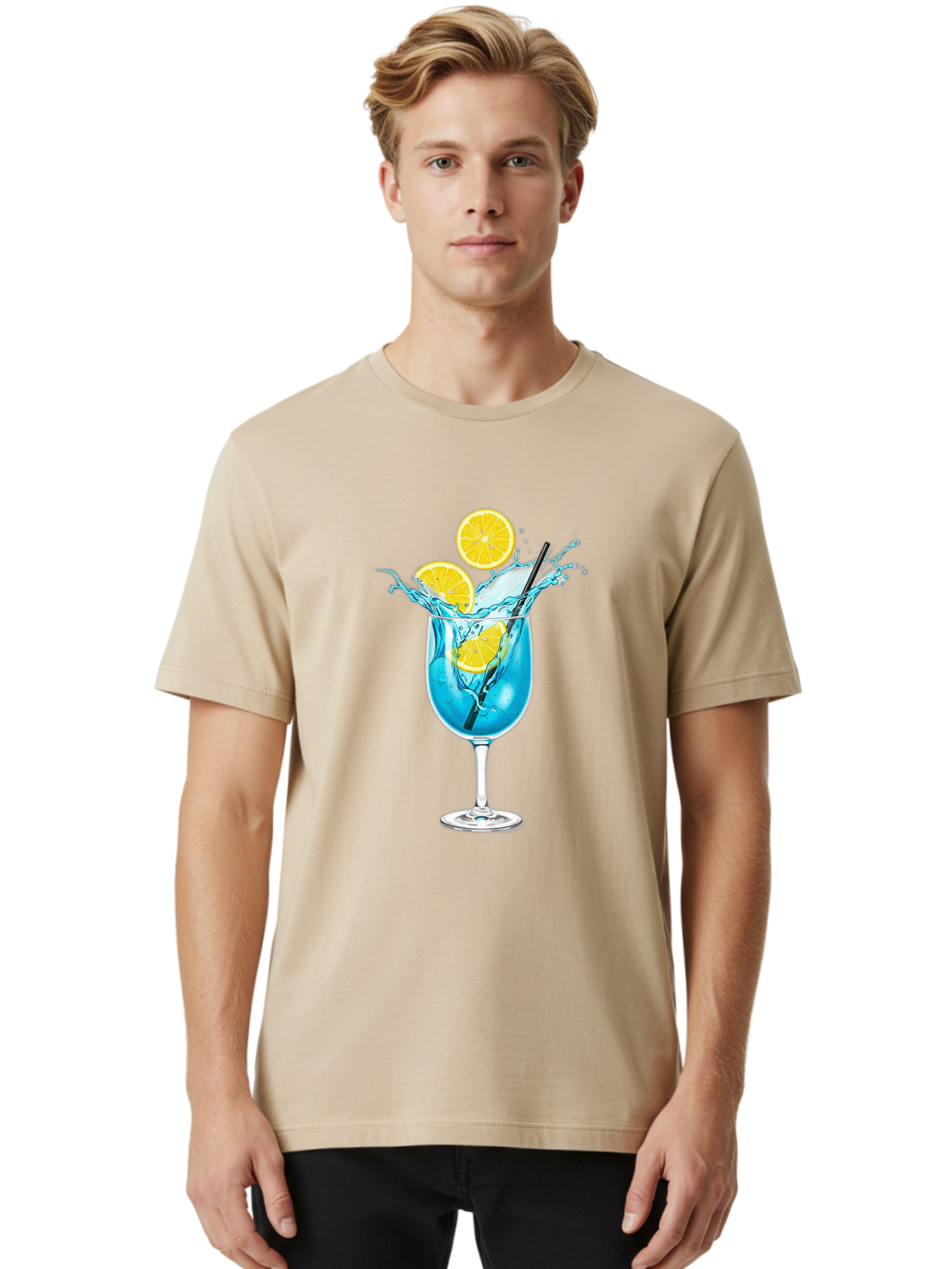 Blue-Cocktail Men'S Graphic Tee, 100% Cotton, Comfortable Casual Summer Wear, Machine Washable, Refreshing Cocktail, Blue Drink, Citrus Slices, Black Straw, Splashing Water, Summer Vibes, Cocktail Hour, Citrusy Flavors Bac641