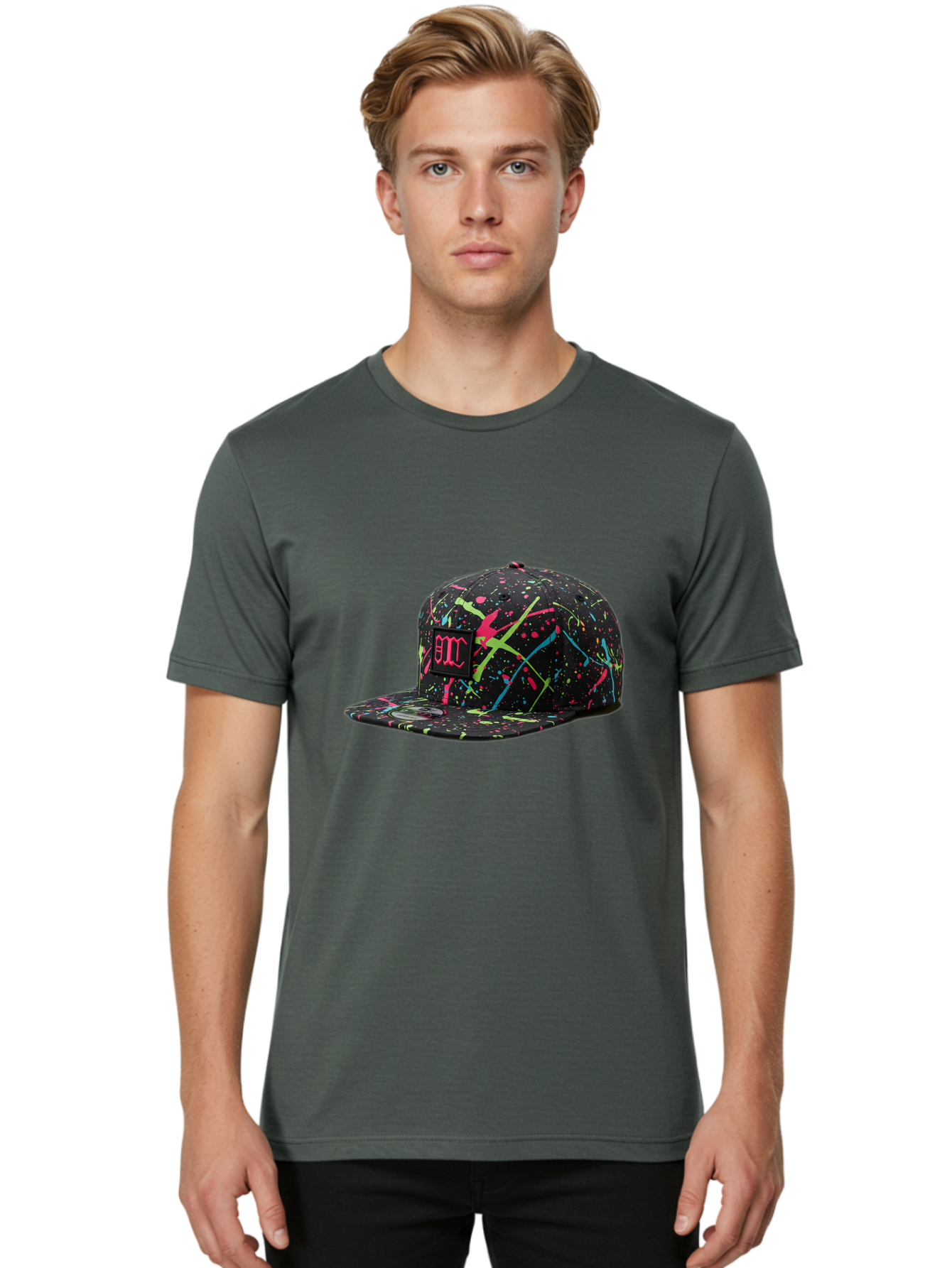 Bmc-Paint-Splatter-Baseball-Cap Men'S Graphic Tee, 100% Cotton, Comfortable Casual Summer Wear, Machine Washable, Splatter Cap, Streetwear Fashion, Bold Design, Neon Colors, Trendy Hat, Emc Logo, Vibrant Splatters, Urban Style, Edgy Caps Bac642