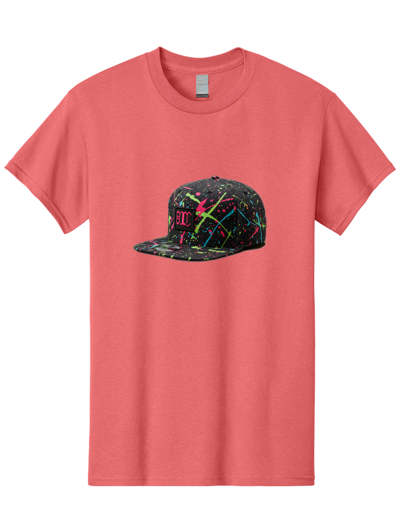 Bmc-Paint-Splatter-Baseball-Cap Men'S Graphic Tee, 100% Cotton, Comfortable Casual Summer Wear, Machine Washable, Splatter Cap, Streetwear Fashion, Bold Design, Neon Colors, Trendy Hat, Emc Logo, Vibrant Splatters, Urban Style, Edgy Caps Bac642