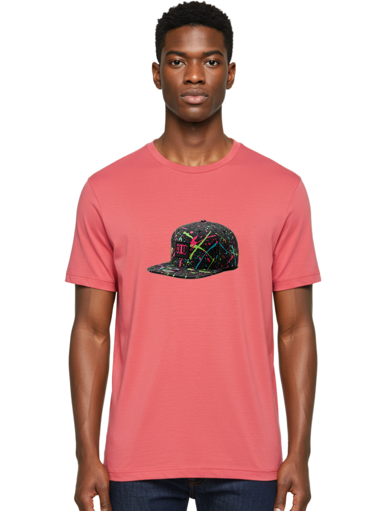 Bmc-Paint-Splatter-Baseball-Cap Men'S Graphic Tee, 100% Cotton, Comfortable Casual Summer Wear, Machine Washable, Splatter Cap, Streetwear Fashion, Bold Design, Neon Colors, Trendy Hat, Emc Logo, Vibrant Splatters, Urban Style, Edgy Caps Bac642