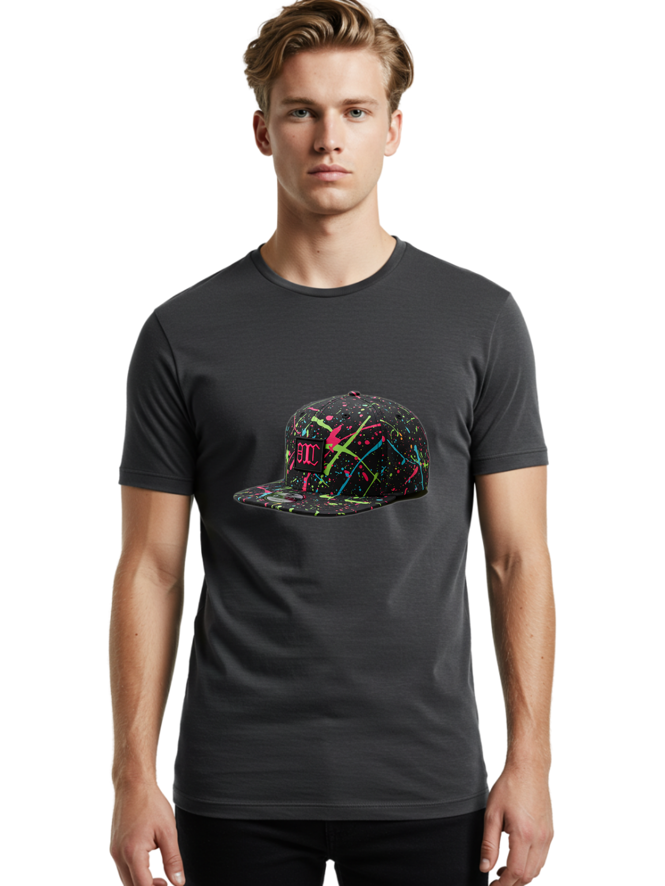 Bmc-Paint-Splatter-Baseball-Cap Men'S Graphic Tee, 100% Cotton, Comfortable Casual Summer Wear, Machine Washable, Splatter Cap, Streetwear Fashion, Bold Design, Neon Colors, Trendy Hat, Emc Logo, Vibrant Splatters, Urban Style, Edgy Caps Bac642