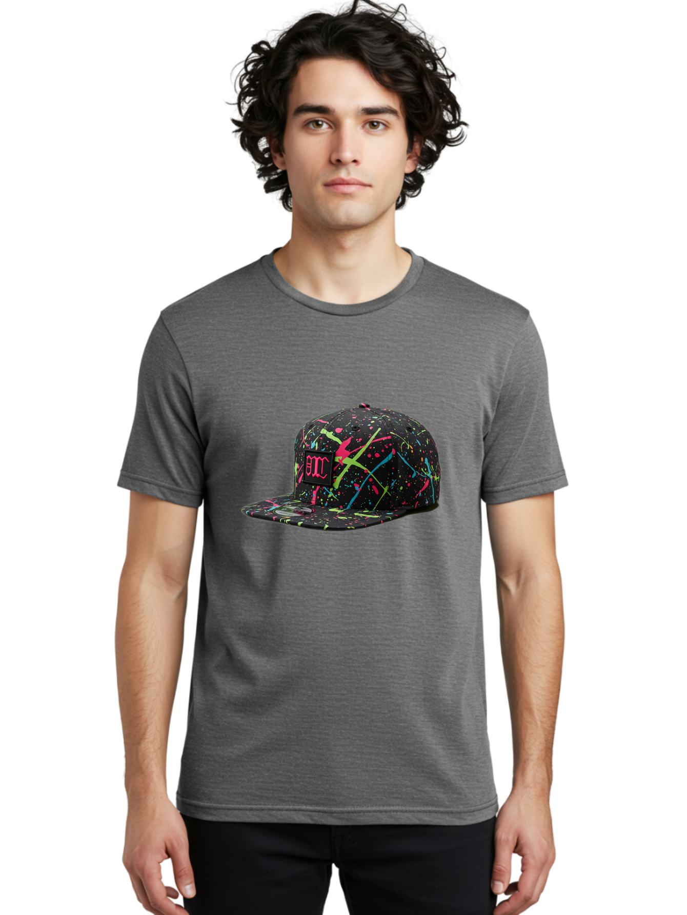 Bmc-Paint-Splatter-Baseball-Cap Men'S Graphic Tee, 100% Cotton, Comfortable Casual Summer Wear, Machine Washable, Splatter Cap, Streetwear Fashion, Bold Design, Neon Colors, Trendy Hat, Emc Logo, Vibrant Splatters, Urban Style, Edgy Caps Bac642
