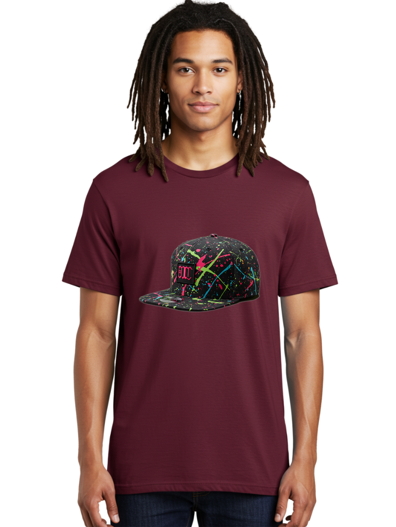 Bmc-Paint-Splatter-Baseball-Cap Men'S Graphic Tee, 100% Cotton, Comfortable Casual Summer Wear, Machine Washable, Splatter Cap, Streetwear Fashion, Bold Design, Neon Colors, Trendy Hat, Emc Logo, Vibrant Splatters, Urban Style, Edgy Caps Bac642