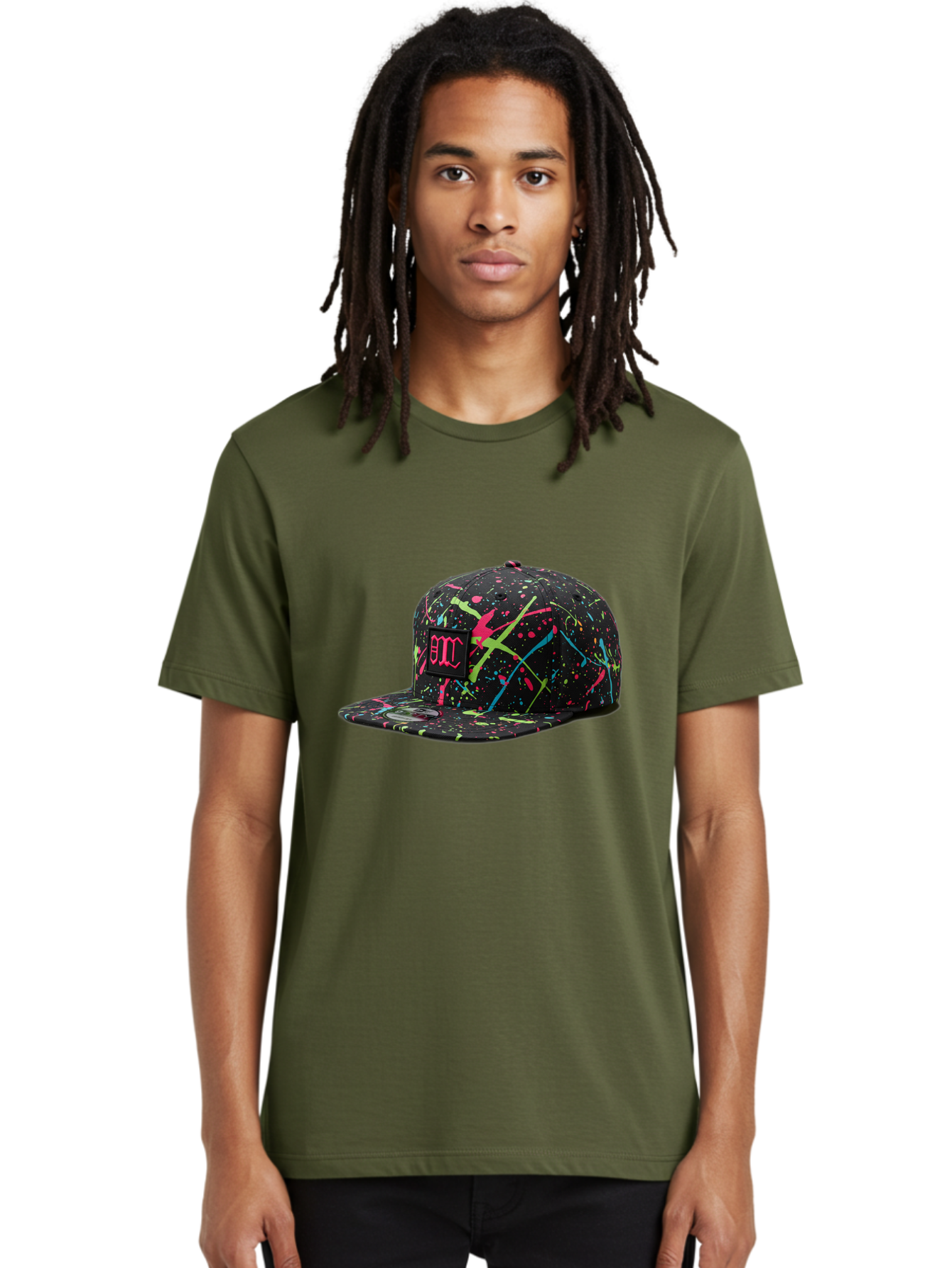Bmc-Paint-Splatter-Baseball-Cap Men'S Graphic Tee, 100% Cotton, Comfortable Casual Summer Wear, Machine Washable, Splatter Cap, Streetwear Fashion, Bold Design, Neon Colors, Trendy Hat, Emc Logo, Vibrant Splatters, Urban Style, Edgy Caps Bac642