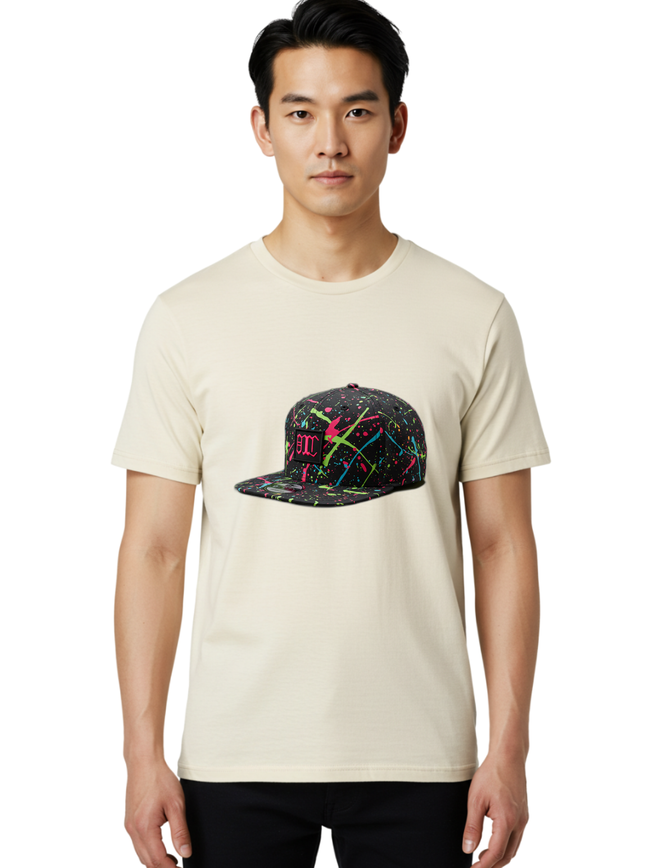 Bmc-Paint-Splatter-Baseball-Cap Men'S Graphic Tee, 100% Cotton, Comfortable Casual Summer Wear, Machine Washable, Splatter Cap, Streetwear Fashion, Bold Design, Neon Colors, Trendy Hat, Emc Logo, Vibrant Splatters, Urban Style, Edgy Caps Bac642