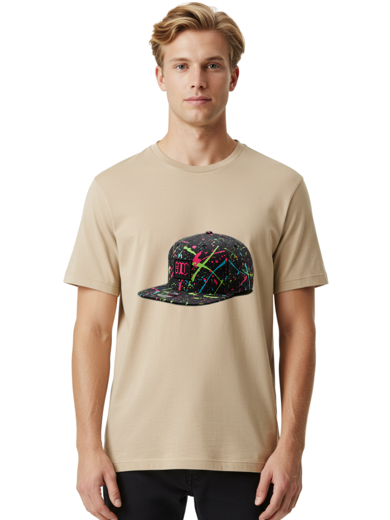 Bmc-Paint-Splatter-Baseball-Cap Men'S Graphic Tee, 100% Cotton, Comfortable Casual Summer Wear, Machine Washable, Splatter Cap, Streetwear Fashion, Bold Design, Neon Colors, Trendy Hat, Emc Logo, Vibrant Splatters, Urban Style, Edgy Caps Bac642