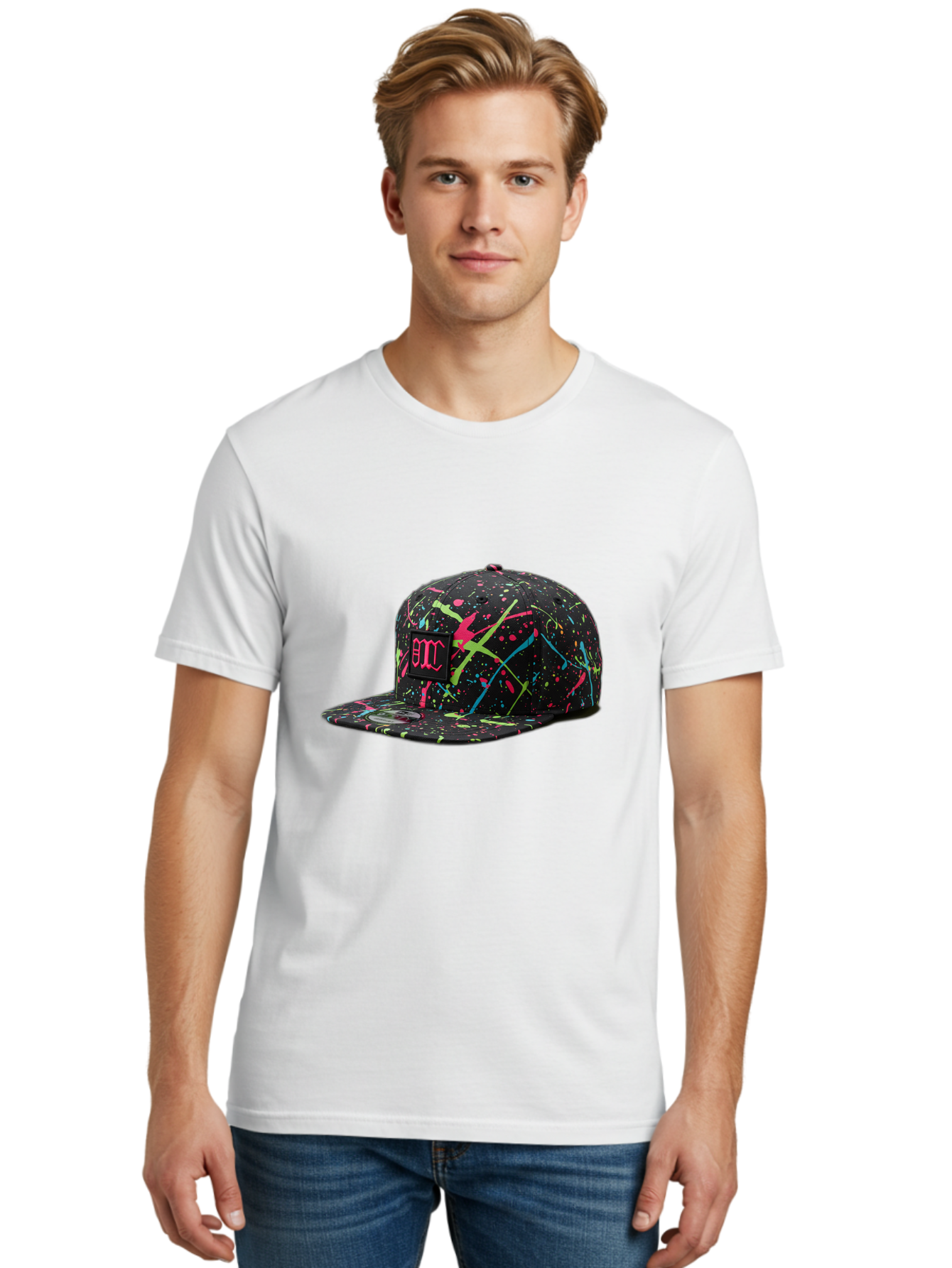 Bmc-Paint-Splatter-Baseball-Cap Men'S Graphic Tee, 100% Cotton, Comfortable Casual Summer Wear, Machine Washable, Splatter Cap, Streetwear Fashion, Bold Design, Neon Colors, Trendy Hat, Emc Logo, Vibrant Splatters, Urban Style, Edgy Caps Bac642