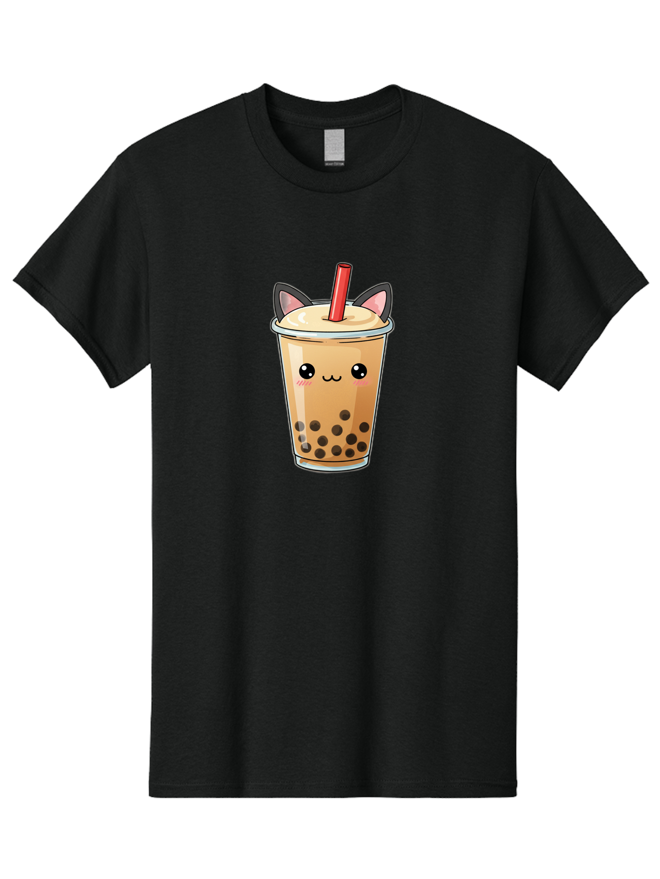 Boba-Cat Men'S Graphic Tee, 100% Cotton, Comfortable Casual Summer Wear, Machine Washable, Boba Tea, Milk Tea, Bubble Tea, Kawaii Culture, Cute Drink, Cartoon Character, Red Straw, Black Boba, Adorable Face, Anime Style, Tea Lover, Bac643