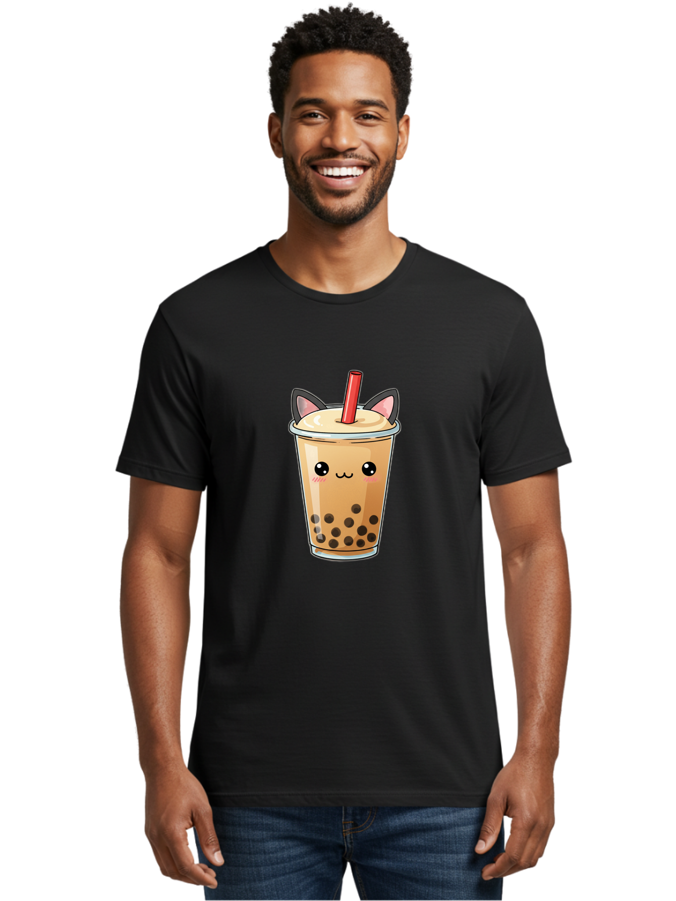 Boba-Cat Men'S Graphic Tee, 100% Cotton, Comfortable Casual Summer Wear, Machine Washable, Boba Tea, Milk Tea, Bubble Tea, Kawaii Culture, Cute Drink, Cartoon Character, Red Straw, Black Boba, Adorable Face, Anime Style, Tea Lover, Bac643