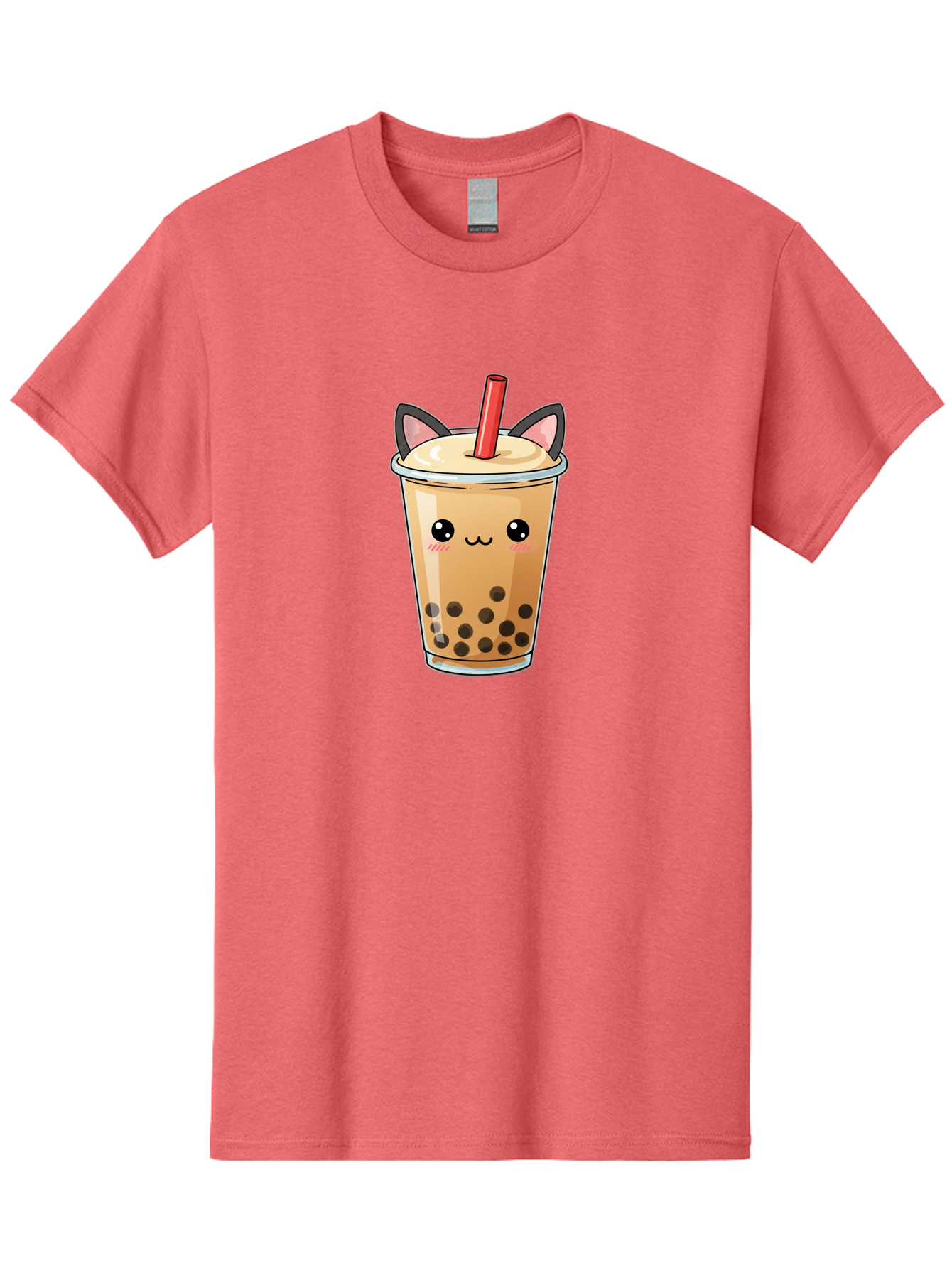 Boba-Cat Men'S Graphic Tee, 100% Cotton, Comfortable Casual Summer Wear, Machine Washable, Boba Tea, Milk Tea, Bubble Tea, Kawaii Culture, Cute Drink, Cartoon Character, Red Straw, Black Boba, Adorable Face, Anime Style, Tea Lover, Bac643