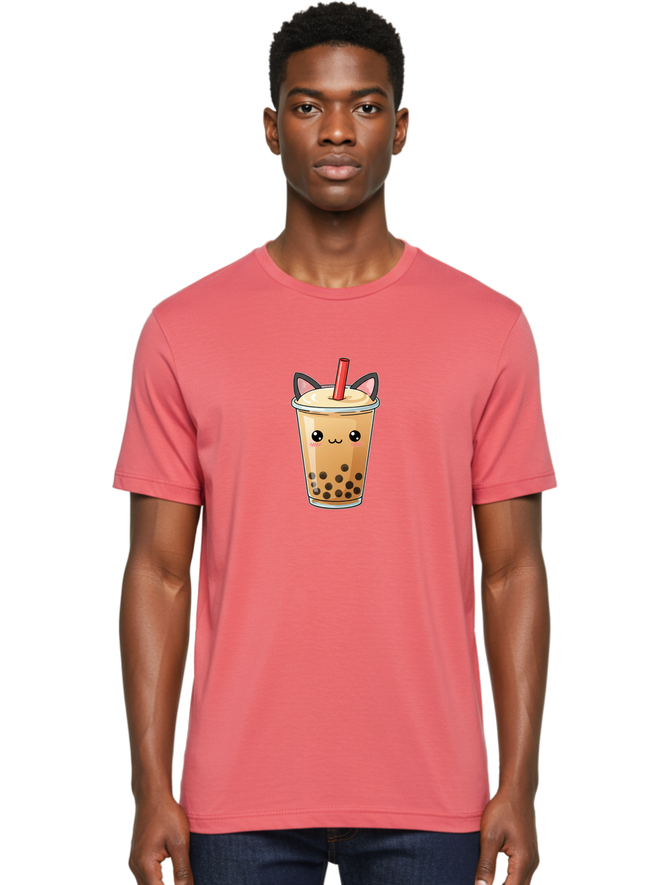 Boba-Cat Men'S Graphic Tee, 100% Cotton, Comfortable Casual Summer Wear, Machine Washable, Boba Tea, Milk Tea, Bubble Tea, Kawaii Culture, Cute Drink, Cartoon Character, Red Straw, Black Boba, Adorable Face, Anime Style, Tea Lover, Bac643