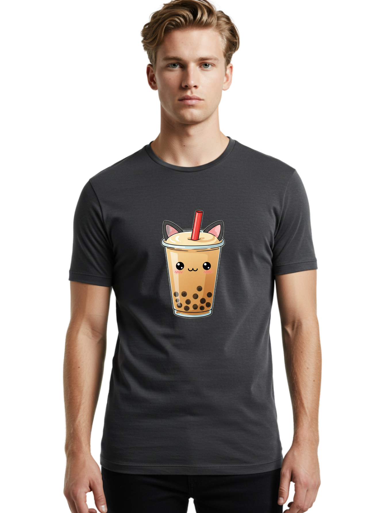 Boba-Cat Men'S Graphic Tee, 100% Cotton, Comfortable Casual Summer Wear, Machine Washable, Boba Tea, Milk Tea, Bubble Tea, Kawaii Culture, Cute Drink, Cartoon Character, Red Straw, Black Boba, Adorable Face, Anime Style, Tea Lover, Bac643