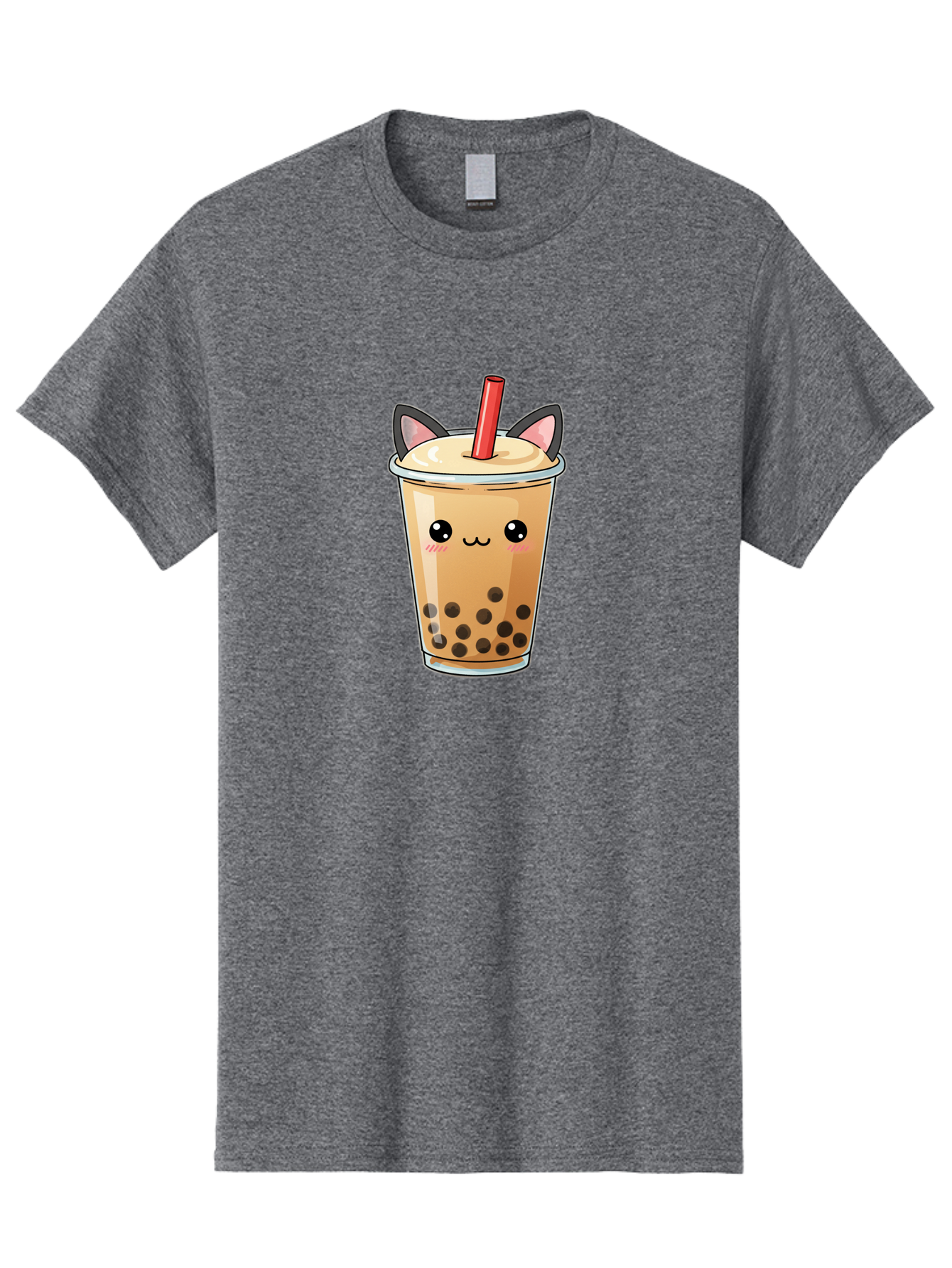 Boba-Cat Men'S Graphic Tee, 100% Cotton, Comfortable Casual Summer Wear, Machine Washable, Boba Tea, Milk Tea, Bubble Tea, Kawaii Culture, Cute Drink, Cartoon Character, Red Straw, Black Boba, Adorable Face, Anime Style, Tea Lover, Bac643