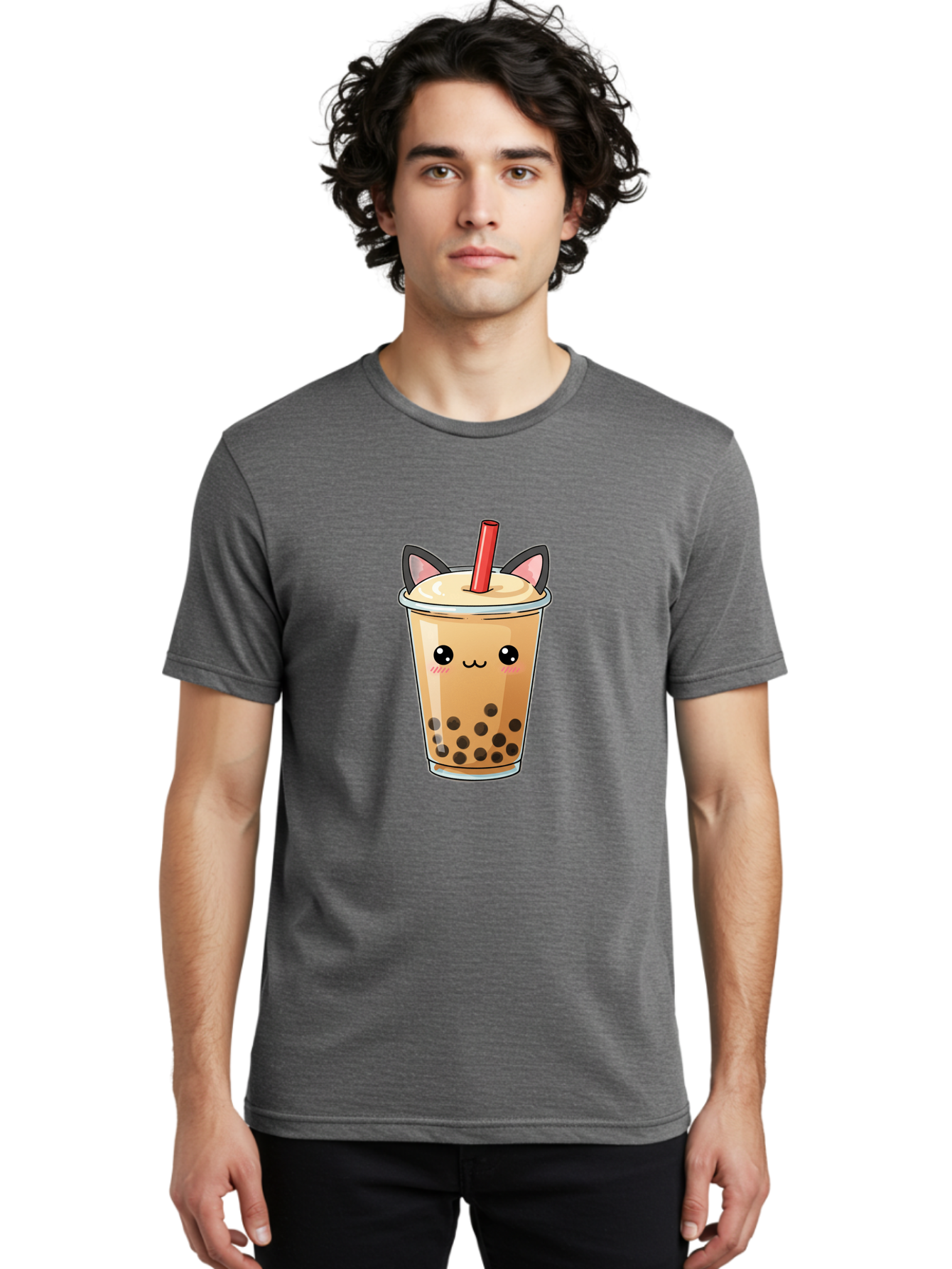 Boba-Cat Men'S Graphic Tee, 100% Cotton, Comfortable Casual Summer Wear, Machine Washable, Boba Tea, Milk Tea, Bubble Tea, Kawaii Culture, Cute Drink, Cartoon Character, Red Straw, Black Boba, Adorable Face, Anime Style, Tea Lover, Bac643