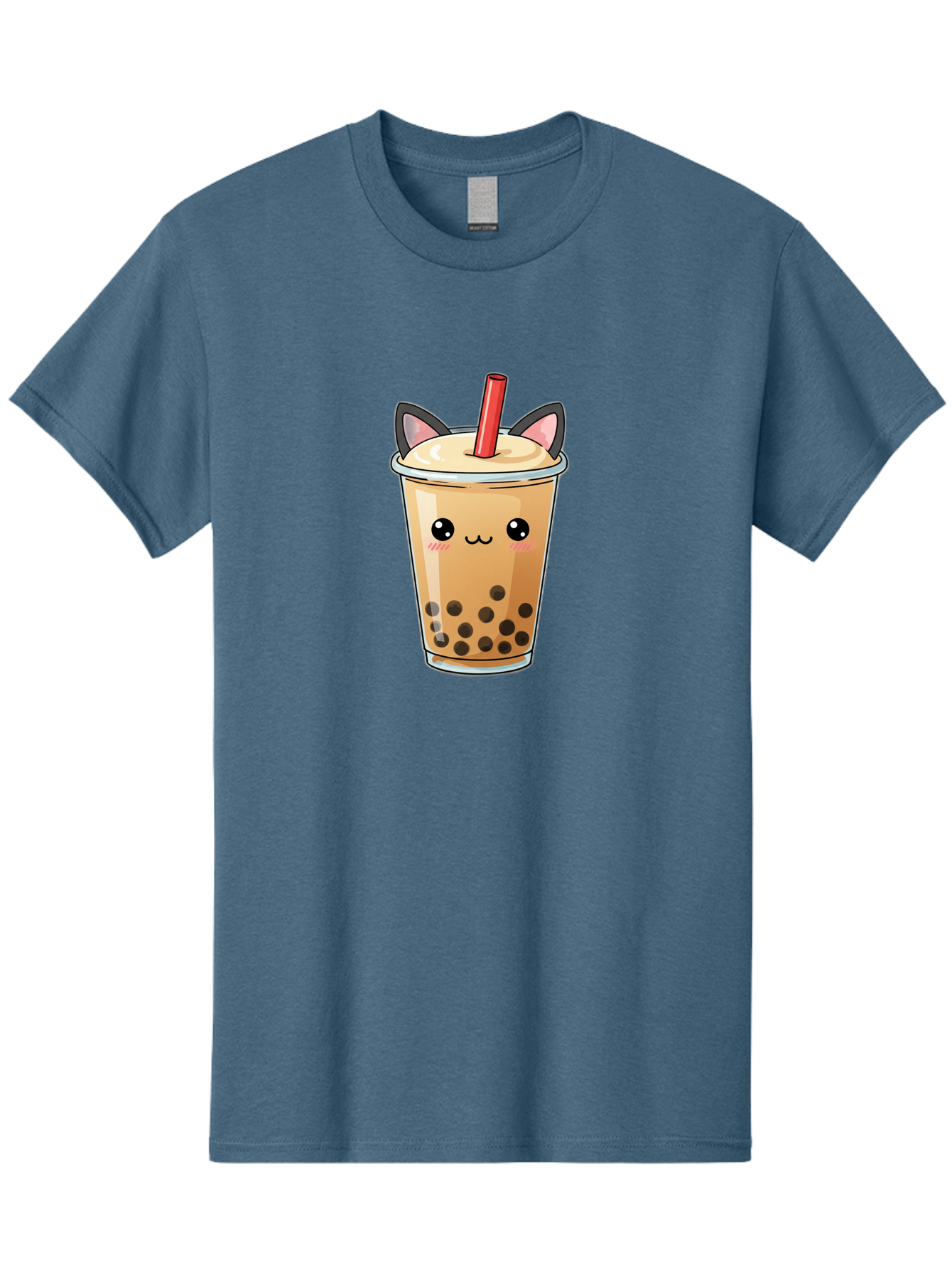 Boba-Cat Men'S Graphic Tee, 100% Cotton, Comfortable Casual Summer Wear, Machine Washable, Boba Tea, Milk Tea, Bubble Tea, Kawaii Culture, Cute Drink, Cartoon Character, Red Straw, Black Boba, Adorable Face, Anime Style, Tea Lover, Bac643