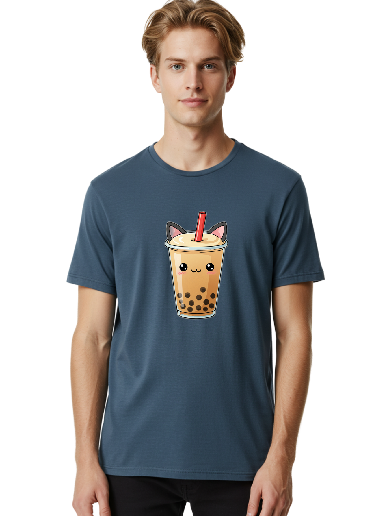 Boba-Cat Men'S Graphic Tee, 100% Cotton, Comfortable Casual Summer Wear, Machine Washable, Boba Tea, Milk Tea, Bubble Tea, Kawaii Culture, Cute Drink, Cartoon Character, Red Straw, Black Boba, Adorable Face, Anime Style, Tea Lover, Bac643