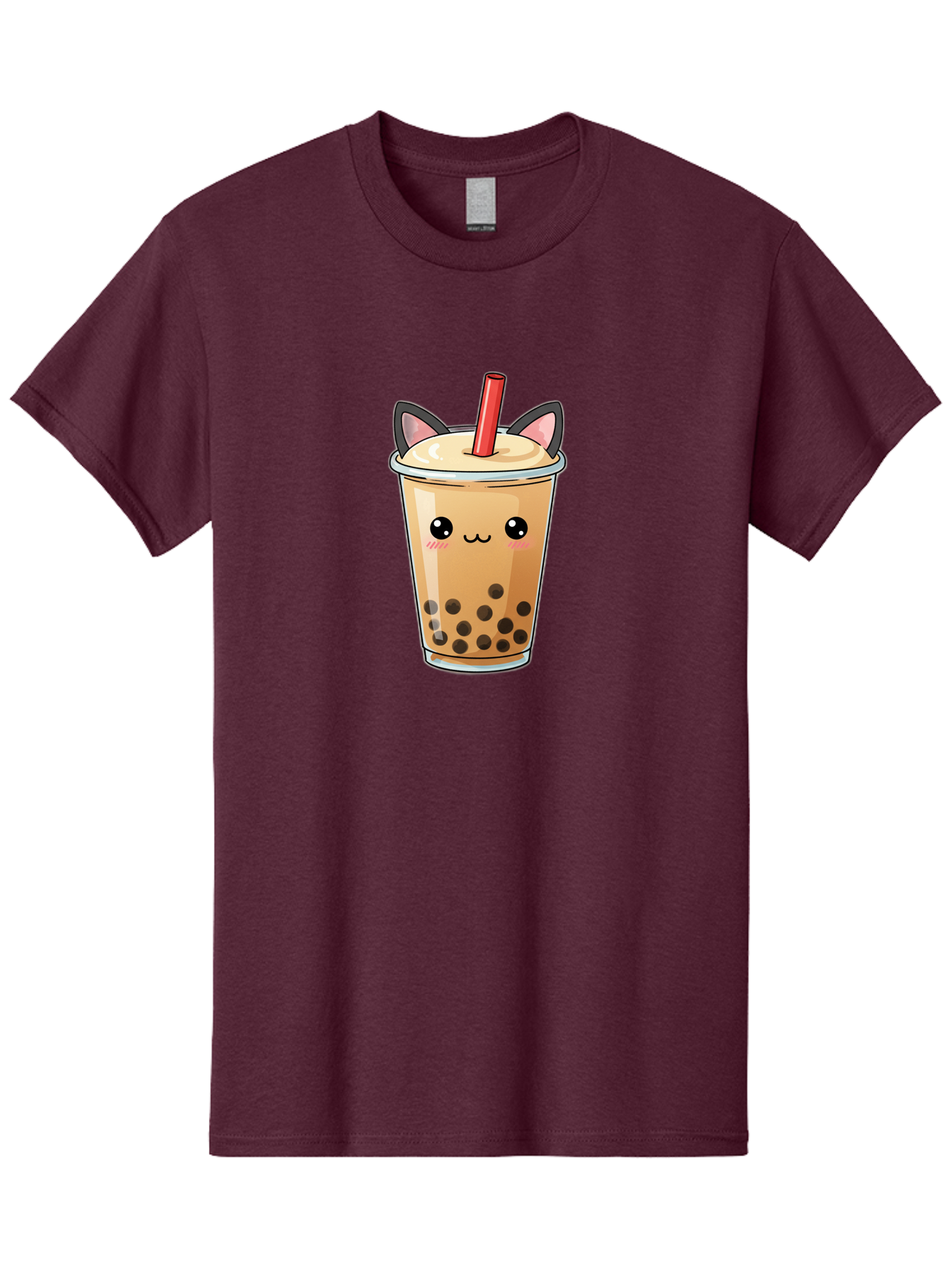 Boba-Cat Men'S Graphic Tee, 100% Cotton, Comfortable Casual Summer Wear, Machine Washable, Boba Tea, Milk Tea, Bubble Tea, Kawaii Culture, Cute Drink, Cartoon Character, Red Straw, Black Boba, Adorable Face, Anime Style, Tea Lover, Bac643
