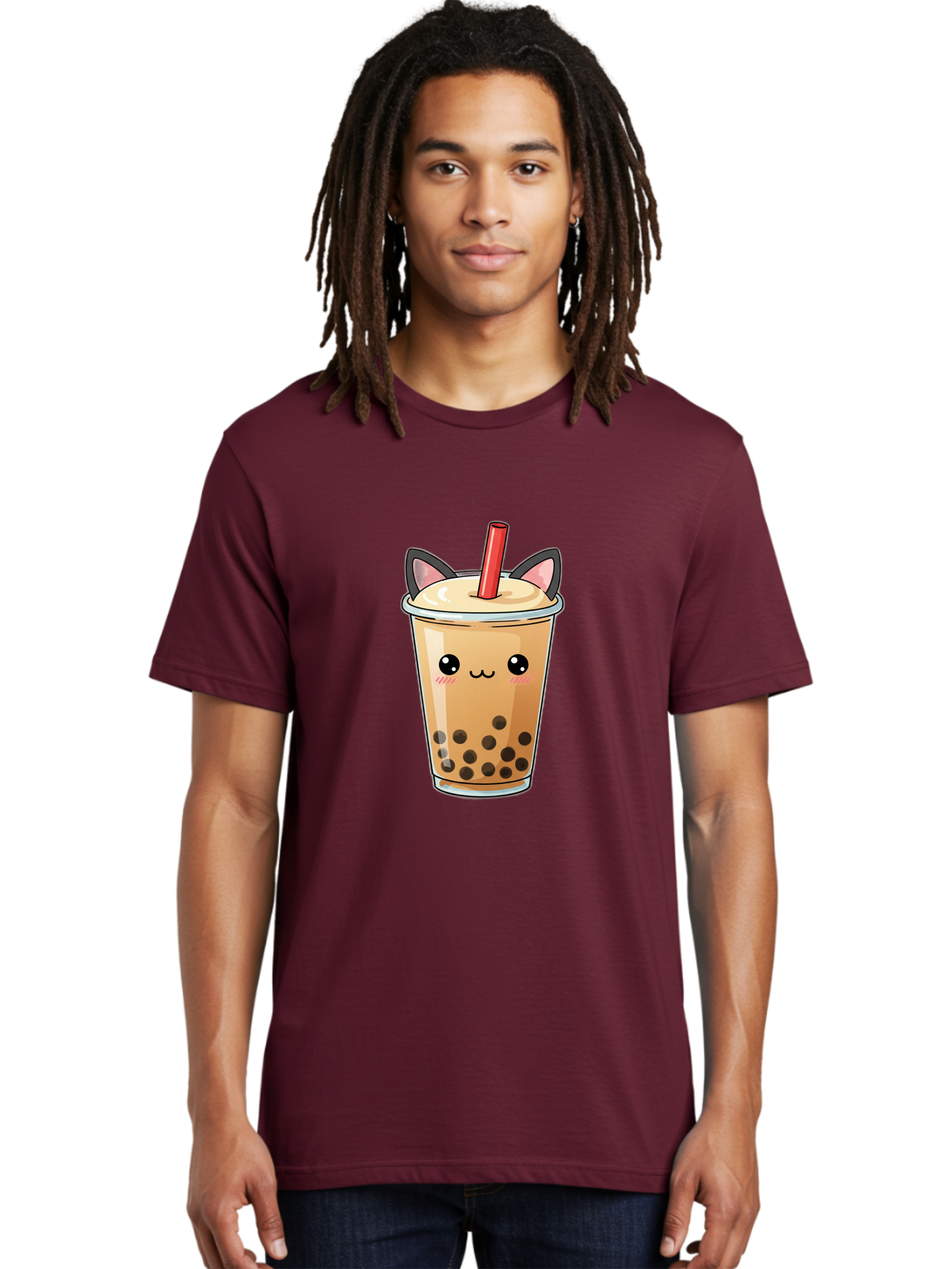 Boba-Cat Men'S Graphic Tee, 100% Cotton, Comfortable Casual Summer Wear, Machine Washable, Boba Tea, Milk Tea, Bubble Tea, Kawaii Culture, Cute Drink, Cartoon Character, Red Straw, Black Boba, Adorable Face, Anime Style, Tea Lover, Bac643