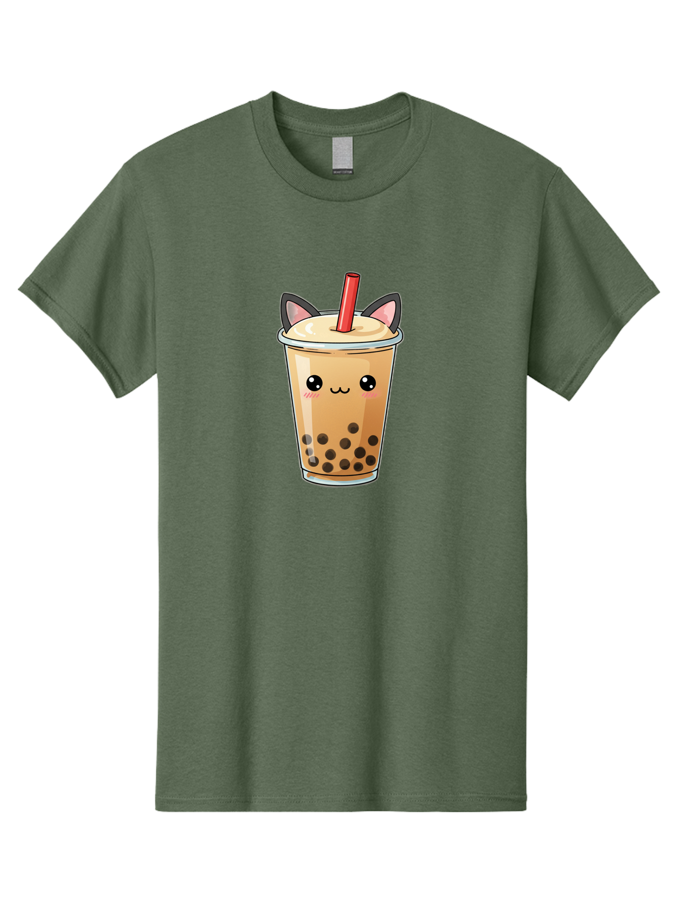 Boba-Cat Men'S Graphic Tee, 100% Cotton, Comfortable Casual Summer Wear, Machine Washable, Boba Tea, Milk Tea, Bubble Tea, Kawaii Culture, Cute Drink, Cartoon Character, Red Straw, Black Boba, Adorable Face, Anime Style, Tea Lover, Bac643