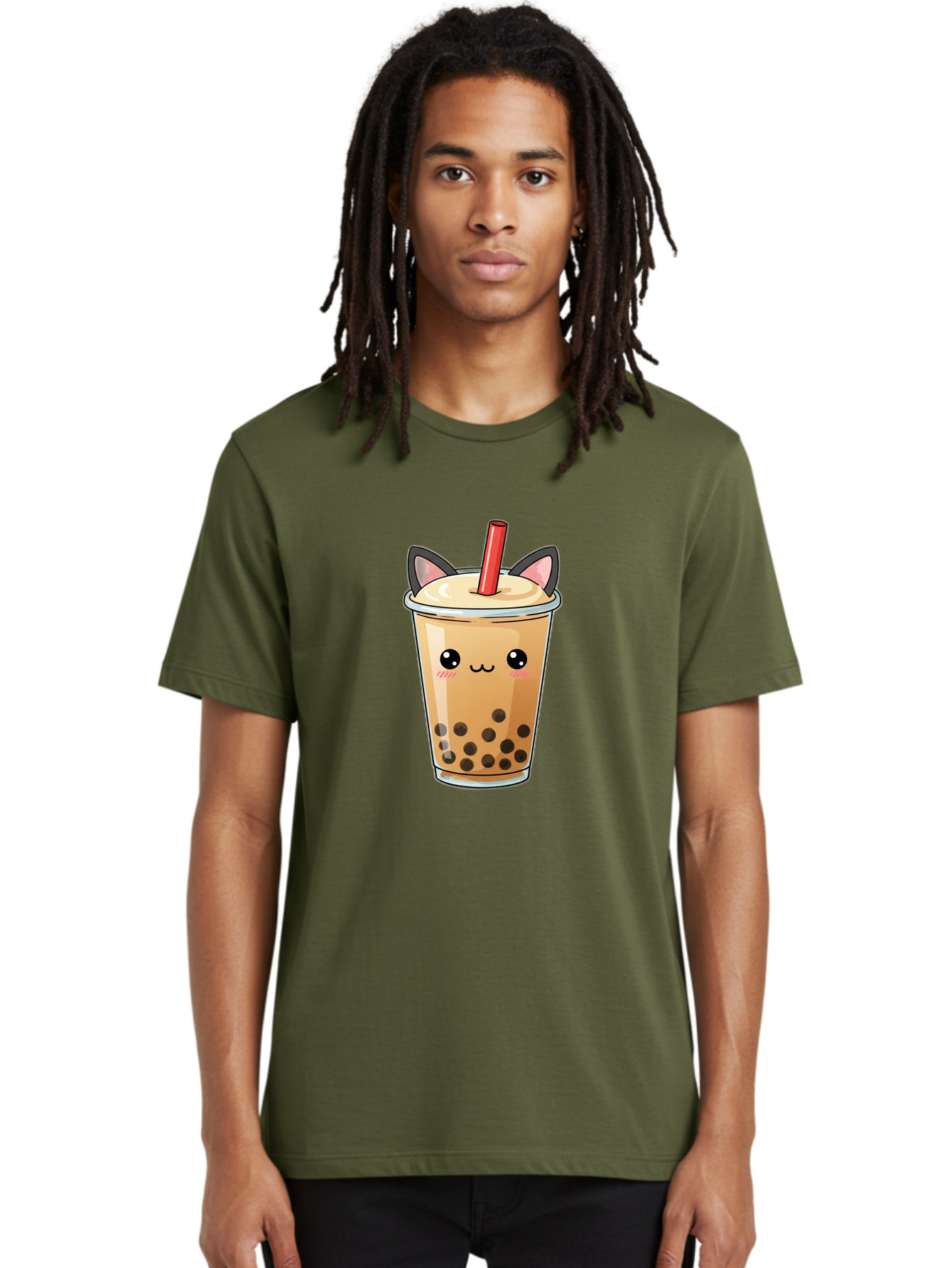 Boba-Cat Men'S Graphic Tee, 100% Cotton, Comfortable Casual Summer Wear, Machine Washable, Boba Tea, Milk Tea, Bubble Tea, Kawaii Culture, Cute Drink, Cartoon Character, Red Straw, Black Boba, Adorable Face, Anime Style, Tea Lover, Bac643