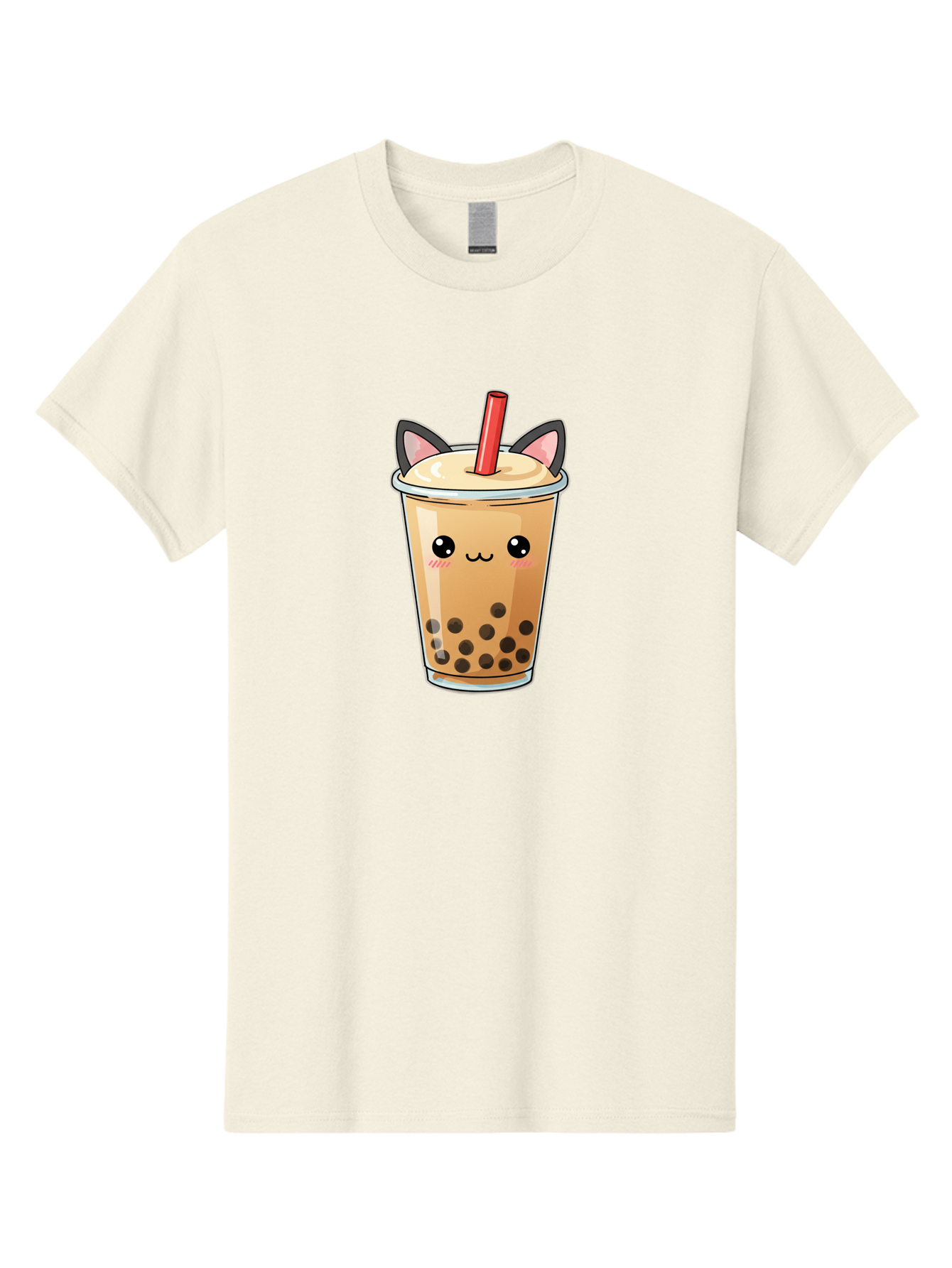 Boba-Cat Men'S Graphic Tee, 100% Cotton, Comfortable Casual Summer Wear, Machine Washable, Boba Tea, Milk Tea, Bubble Tea, Kawaii Culture, Cute Drink, Cartoon Character, Red Straw, Black Boba, Adorable Face, Anime Style, Tea Lover, Bac643