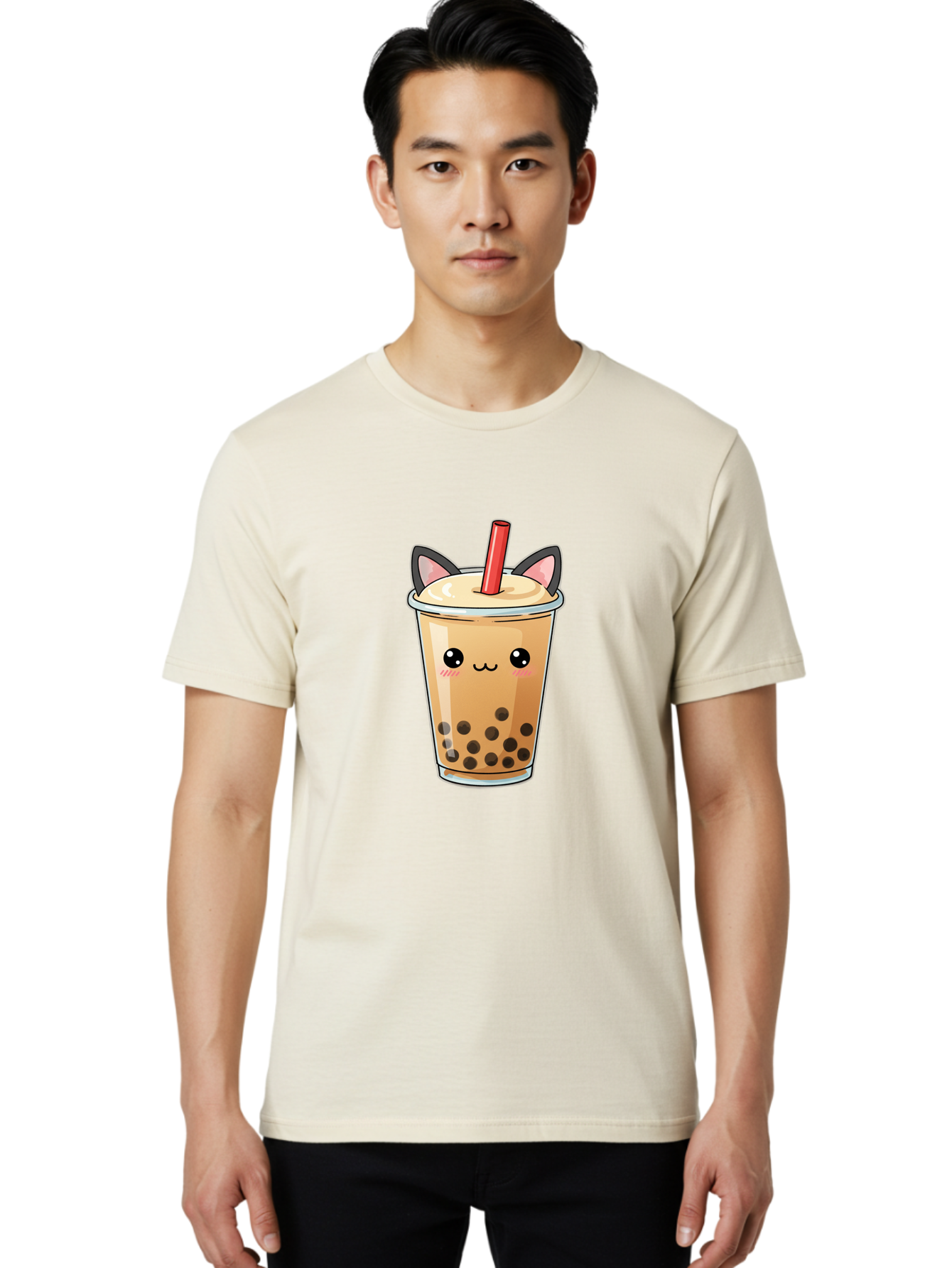 Boba-Cat Men'S Graphic Tee, 100% Cotton, Comfortable Casual Summer Wear, Machine Washable, Boba Tea, Milk Tea, Bubble Tea, Kawaii Culture, Cute Drink, Cartoon Character, Red Straw, Black Boba, Adorable Face, Anime Style, Tea Lover, Bac643