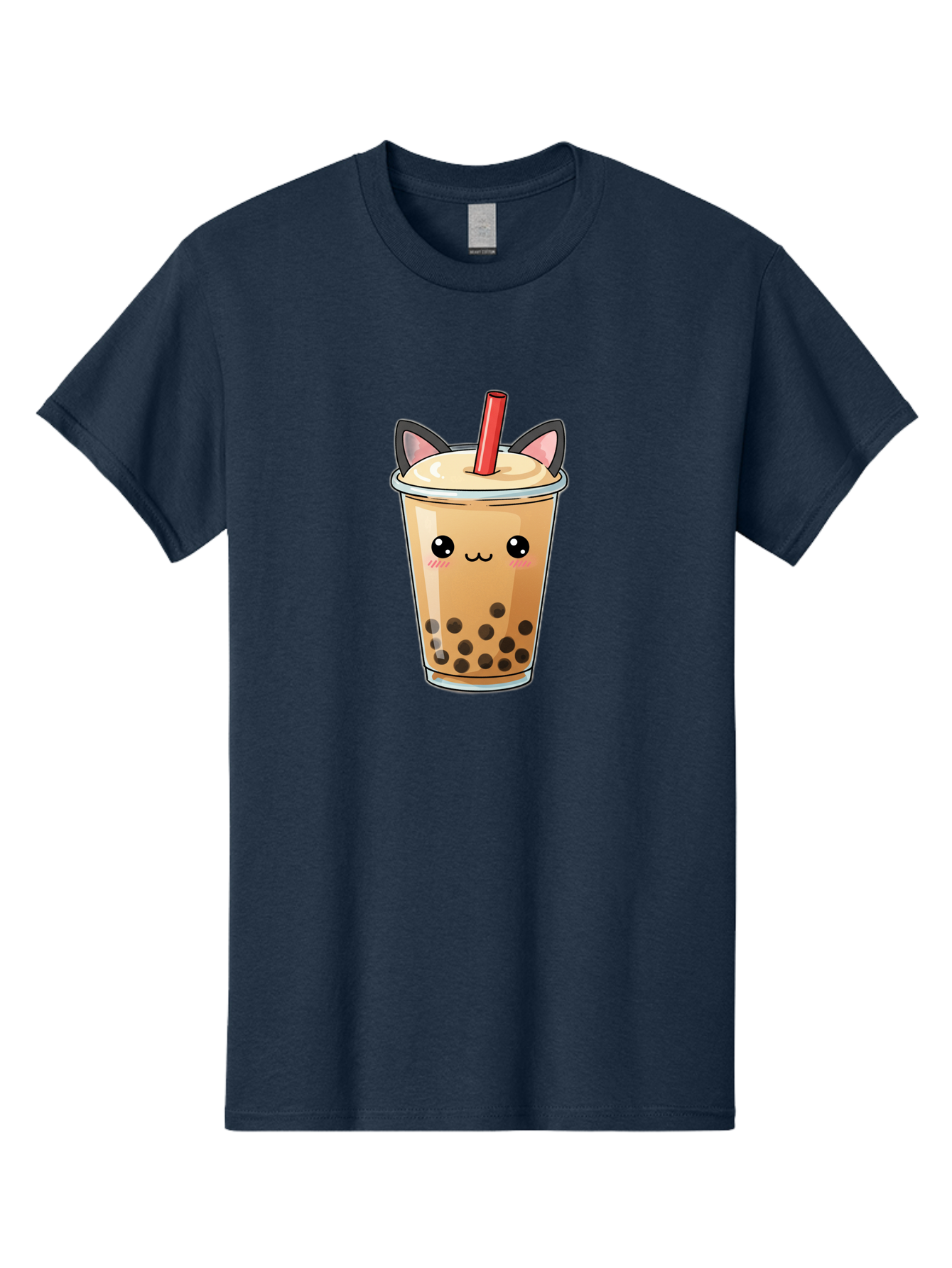 Boba-Cat Men'S Graphic Tee, 100% Cotton, Comfortable Casual Summer Wear, Machine Washable, Boba Tea, Milk Tea, Bubble Tea, Kawaii Culture, Cute Drink, Cartoon Character, Red Straw, Black Boba, Adorable Face, Anime Style, Tea Lover, Bac643
